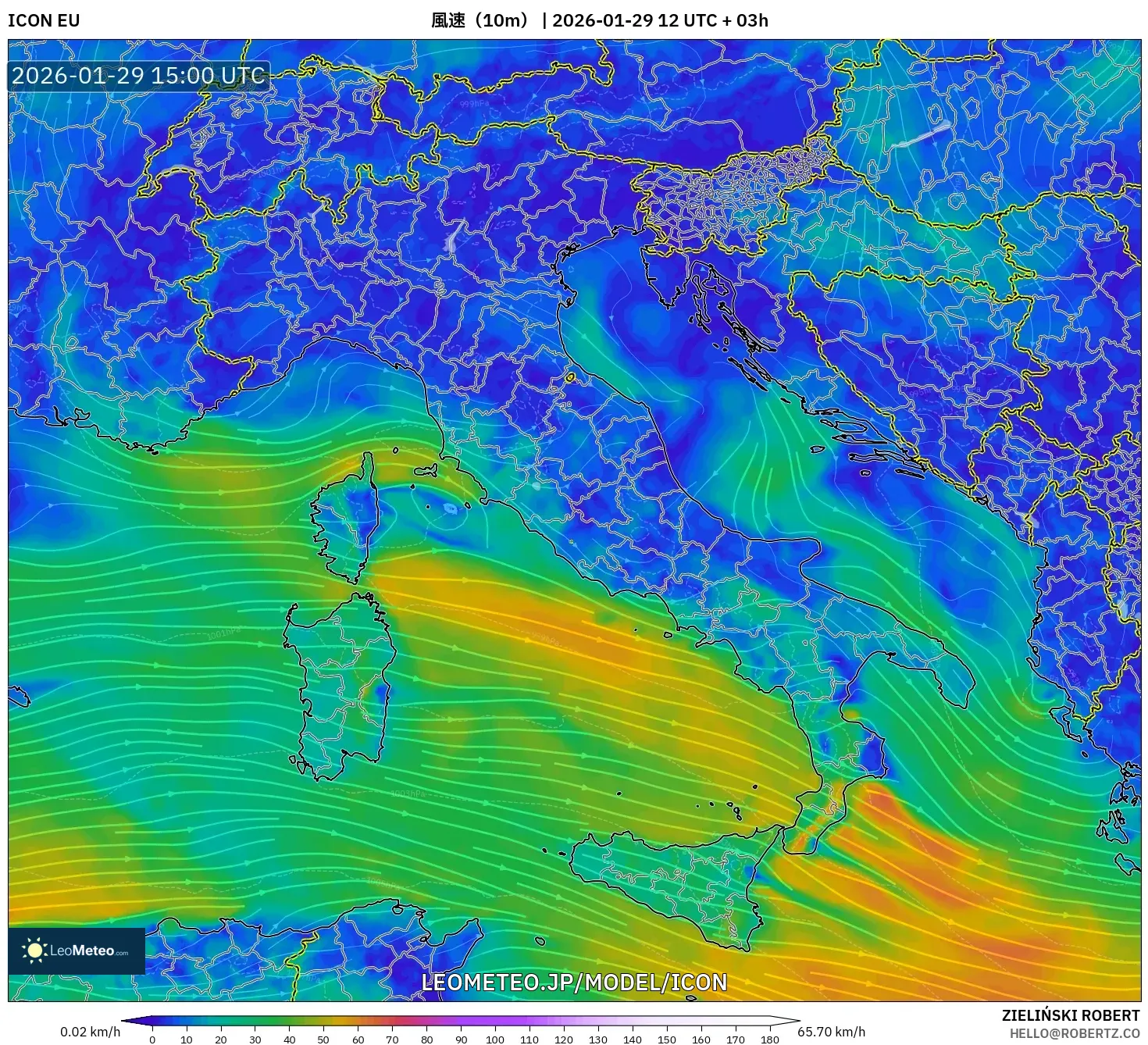 ICON model - イタリア, 風速（10m）