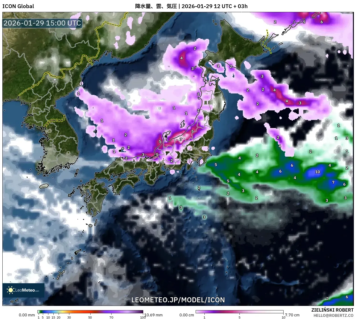 ICON model - 日本, 降水量、雲、気圧