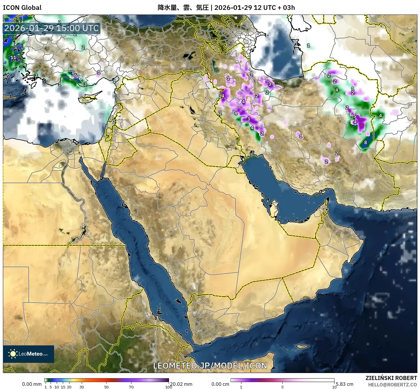 ICON model - 中東, 降水量、雲、気圧