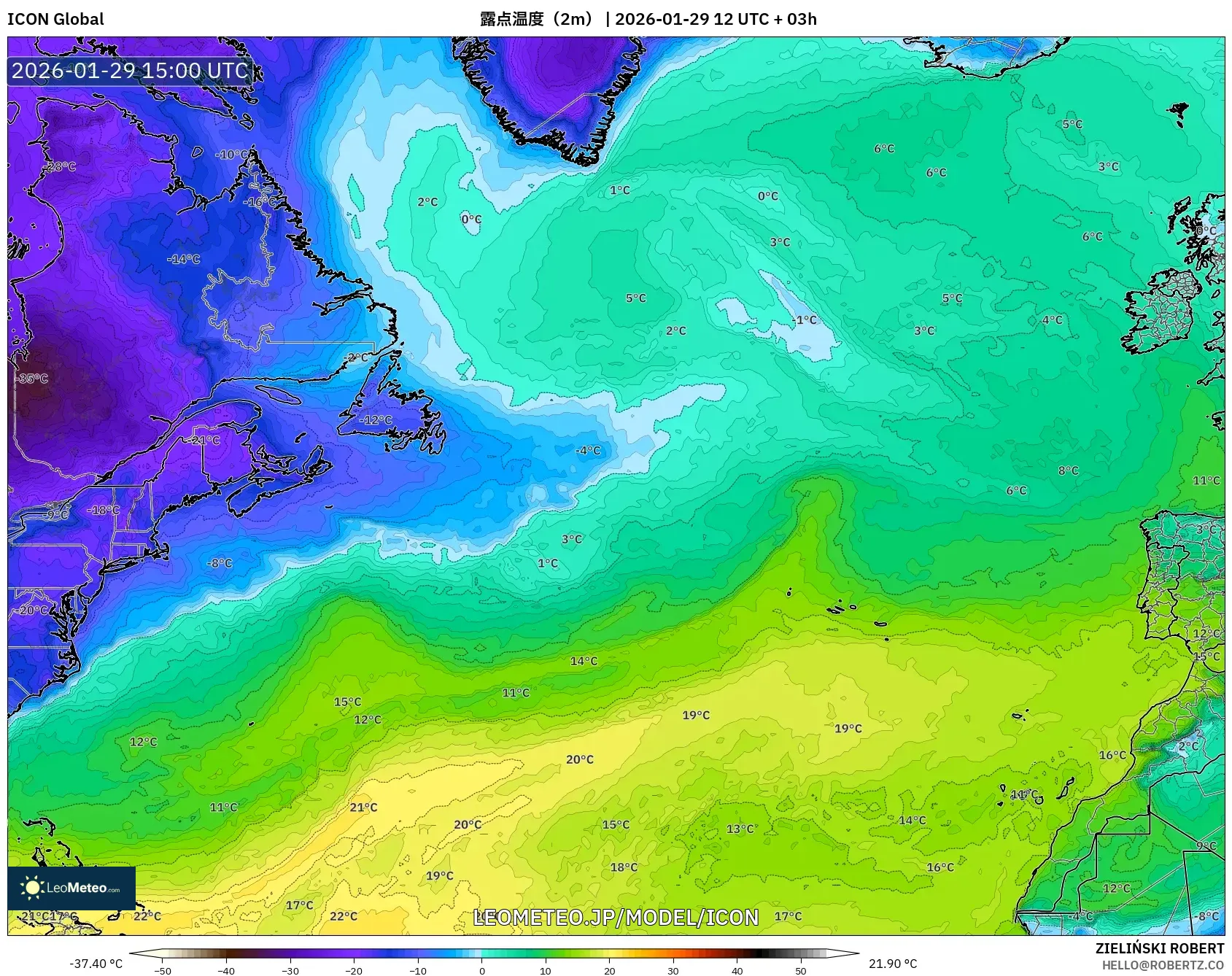 ICON model - 北大西洋, 露点温度（2m）