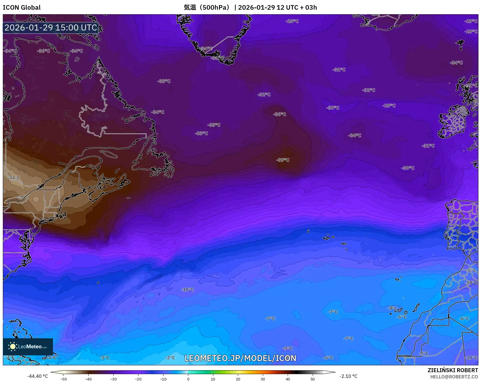 ICON model - 北大西洋, 気温（500hPa）