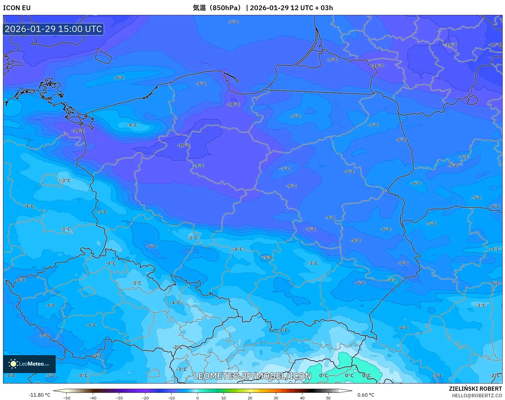 ICON model - ポーランド, 気温（850hPa）