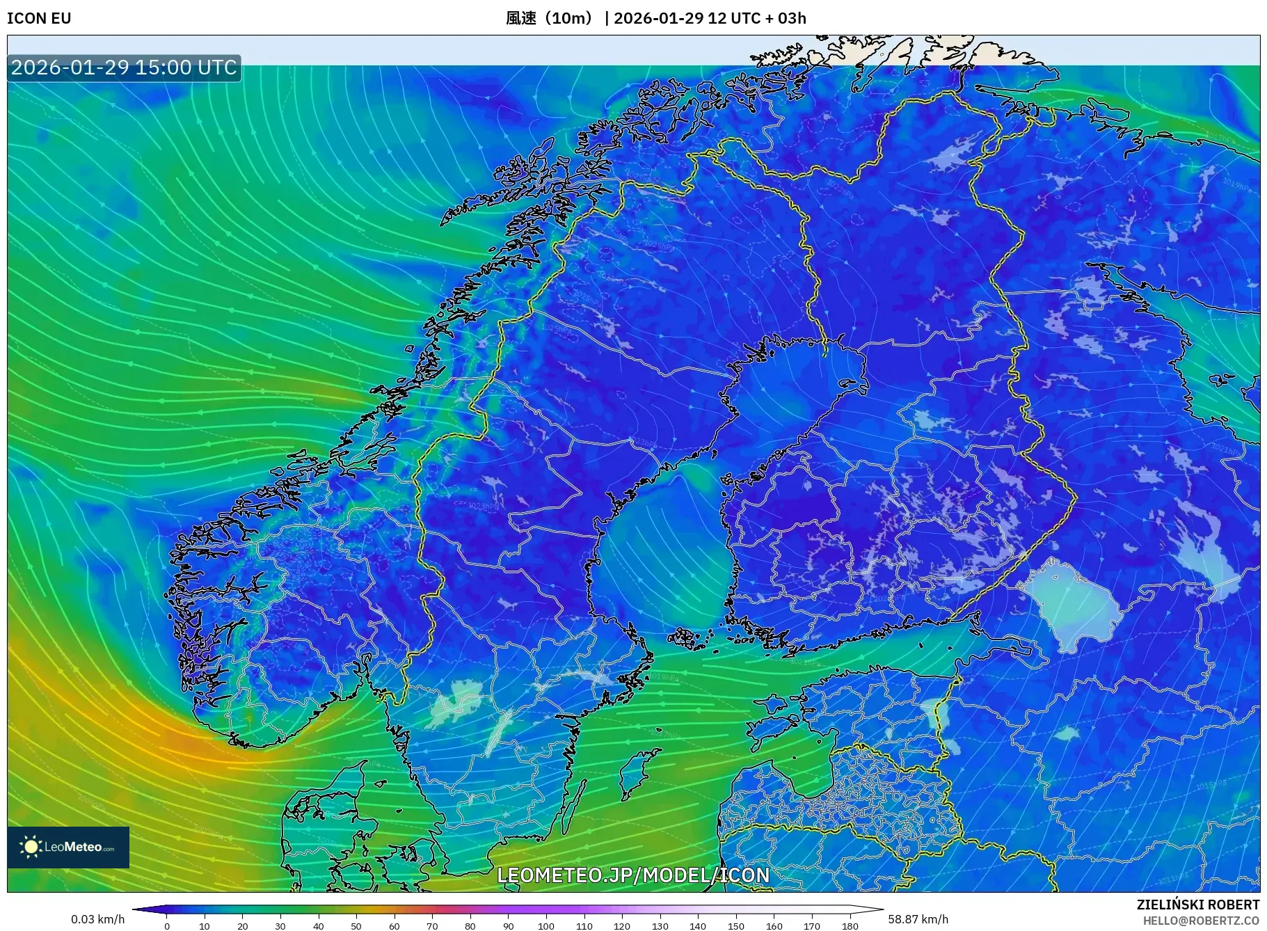 ICON model - スカンジナビア, 風速（10m）