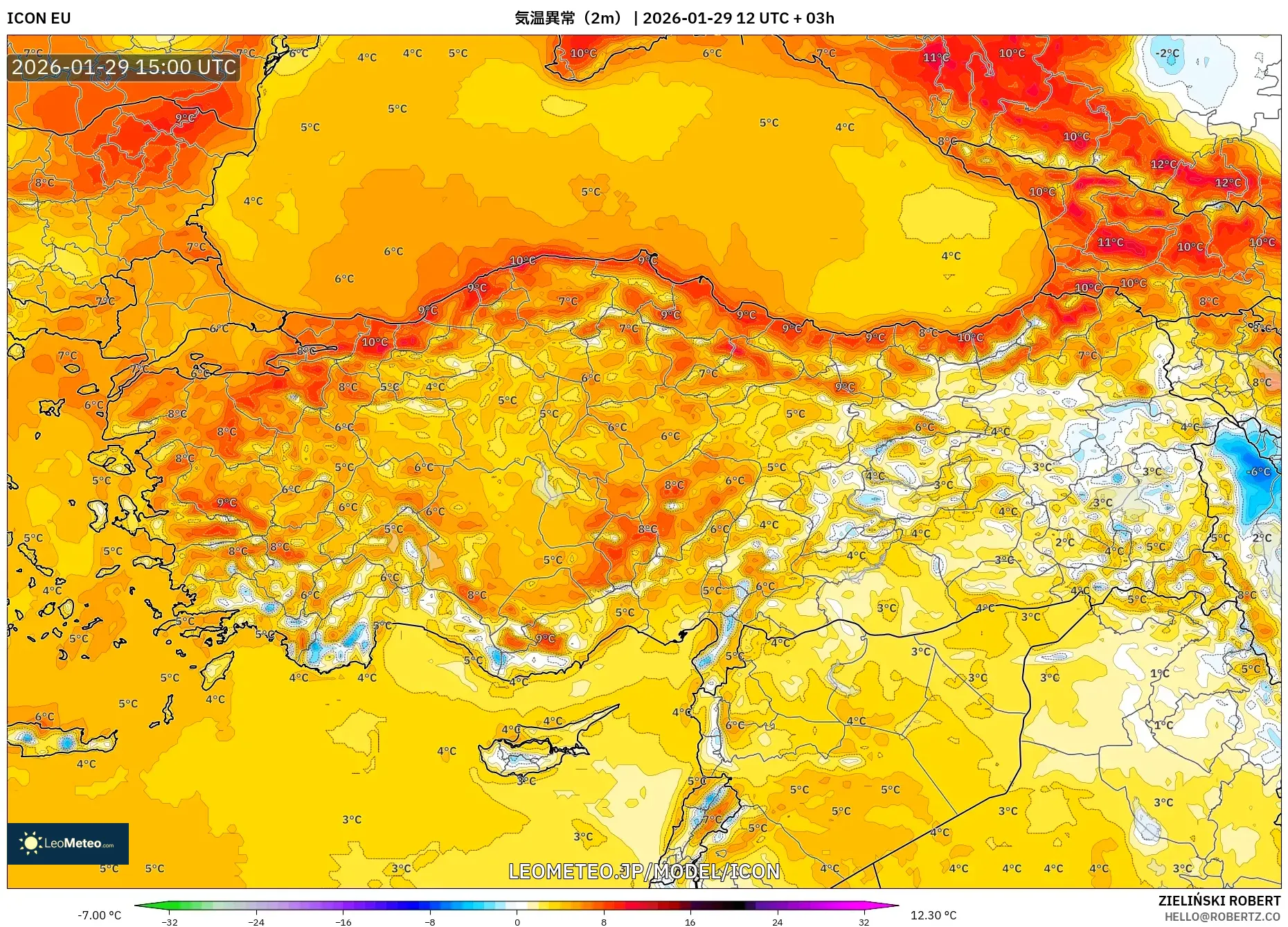 ICON model - トルコ, 気温異常（2m）
