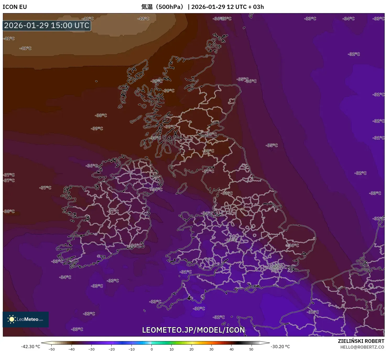 ICON model - イギリス, 気温（500hPa）