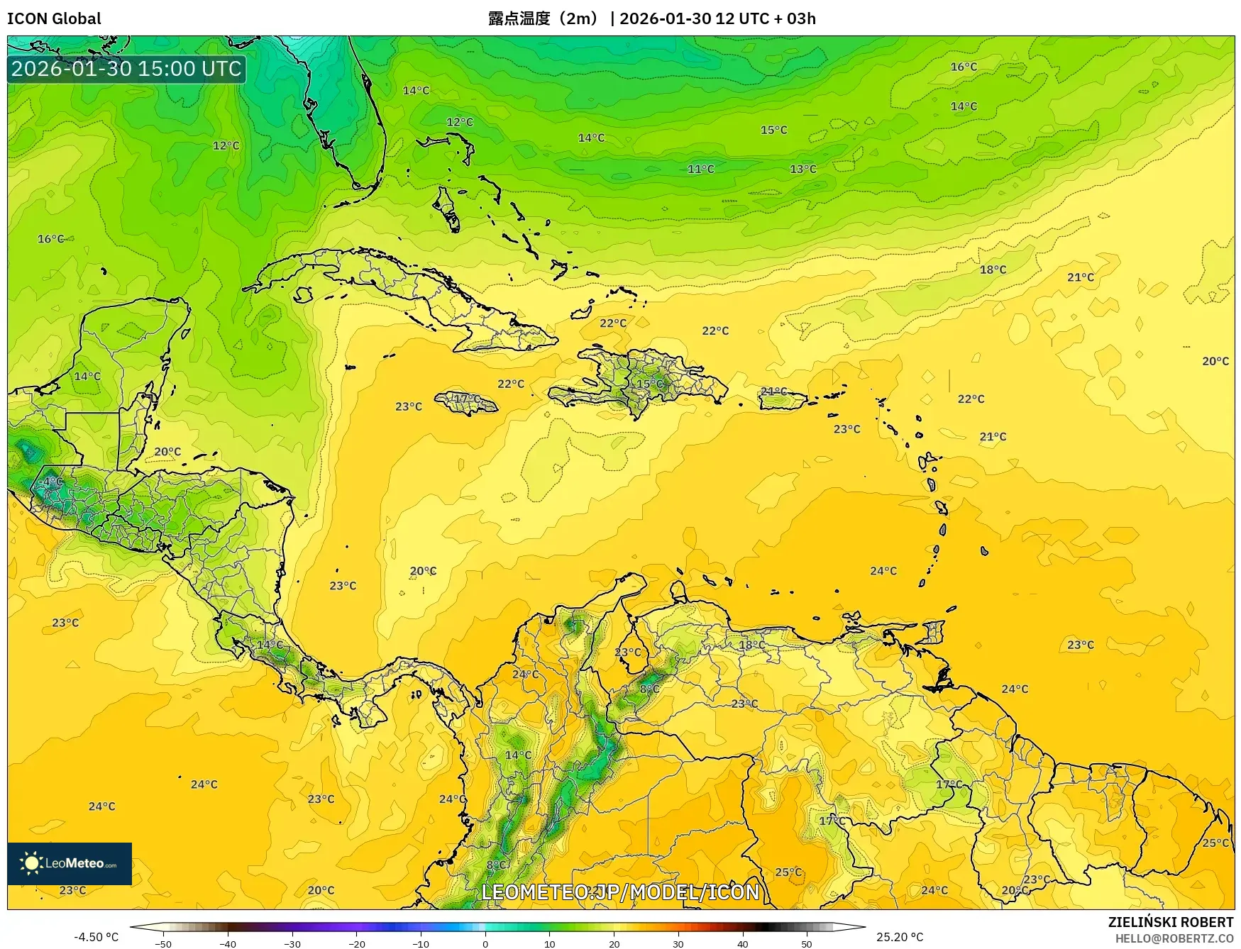 ICON model - カリブ海, 露点温度（2m）
