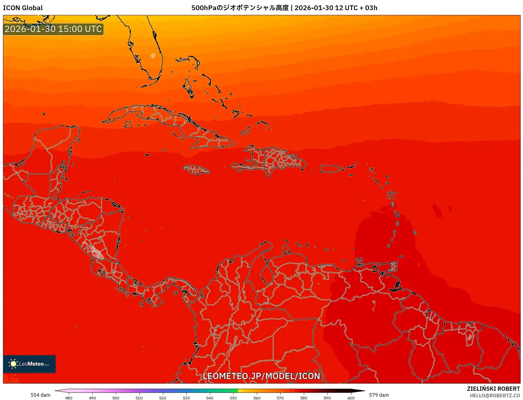 ICON model - カリブ海, 500hPaのジオポテンシャル高度