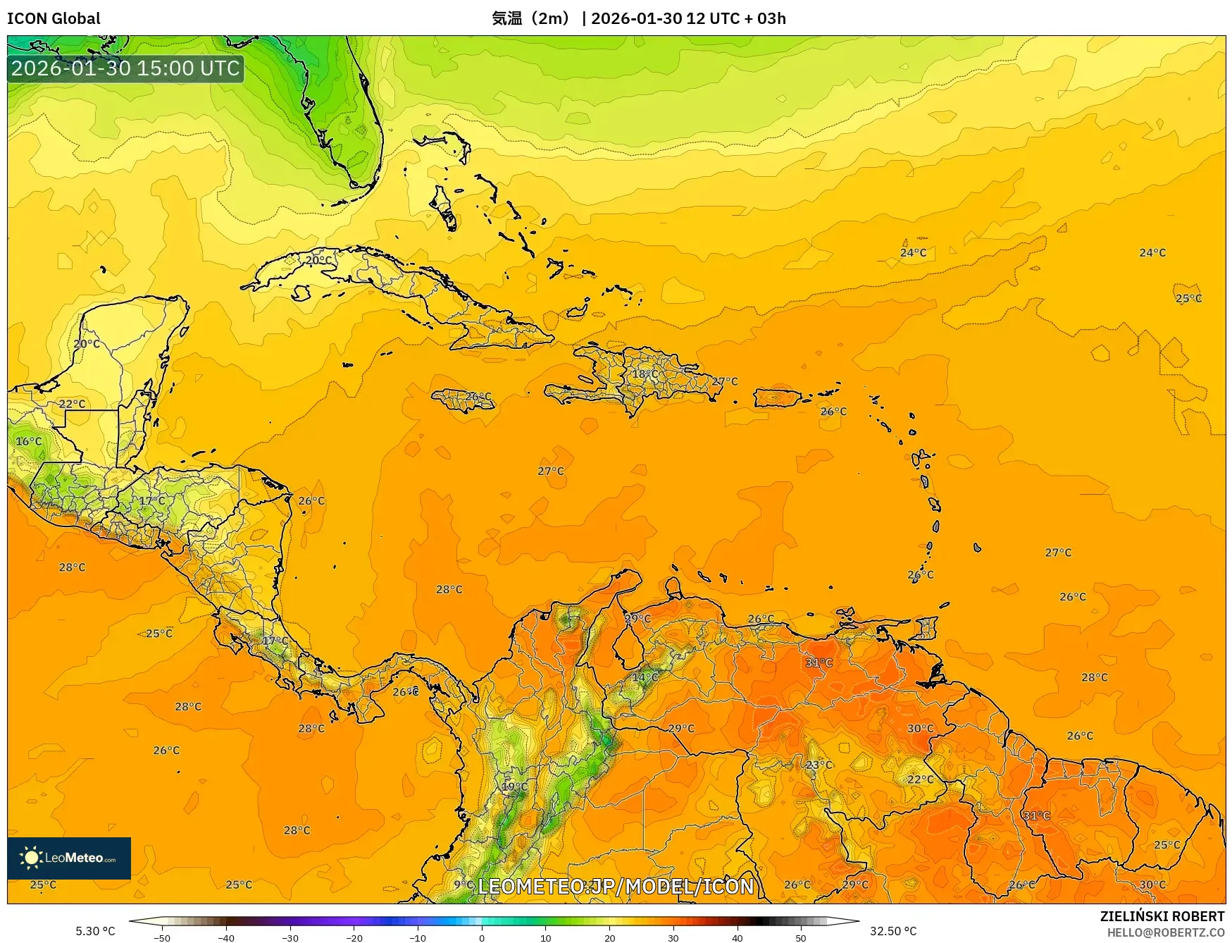 ICON model - カリブ海, 気温（2m）