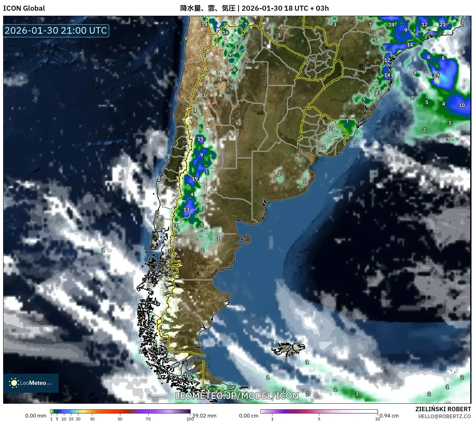 ICON model - アルゼンチン, 降水量、雲、気圧