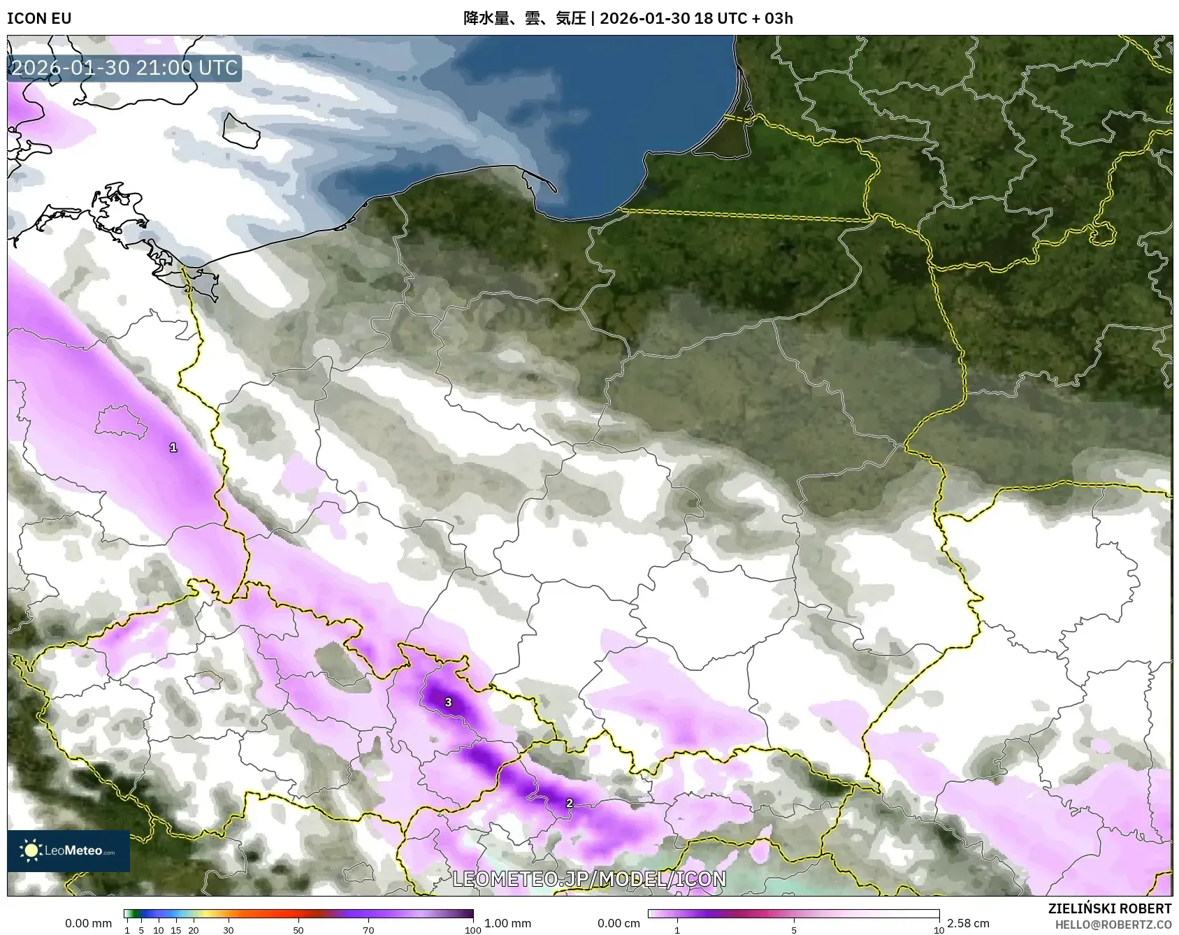 ICON model - ポーランド, 降水量、雲、気圧