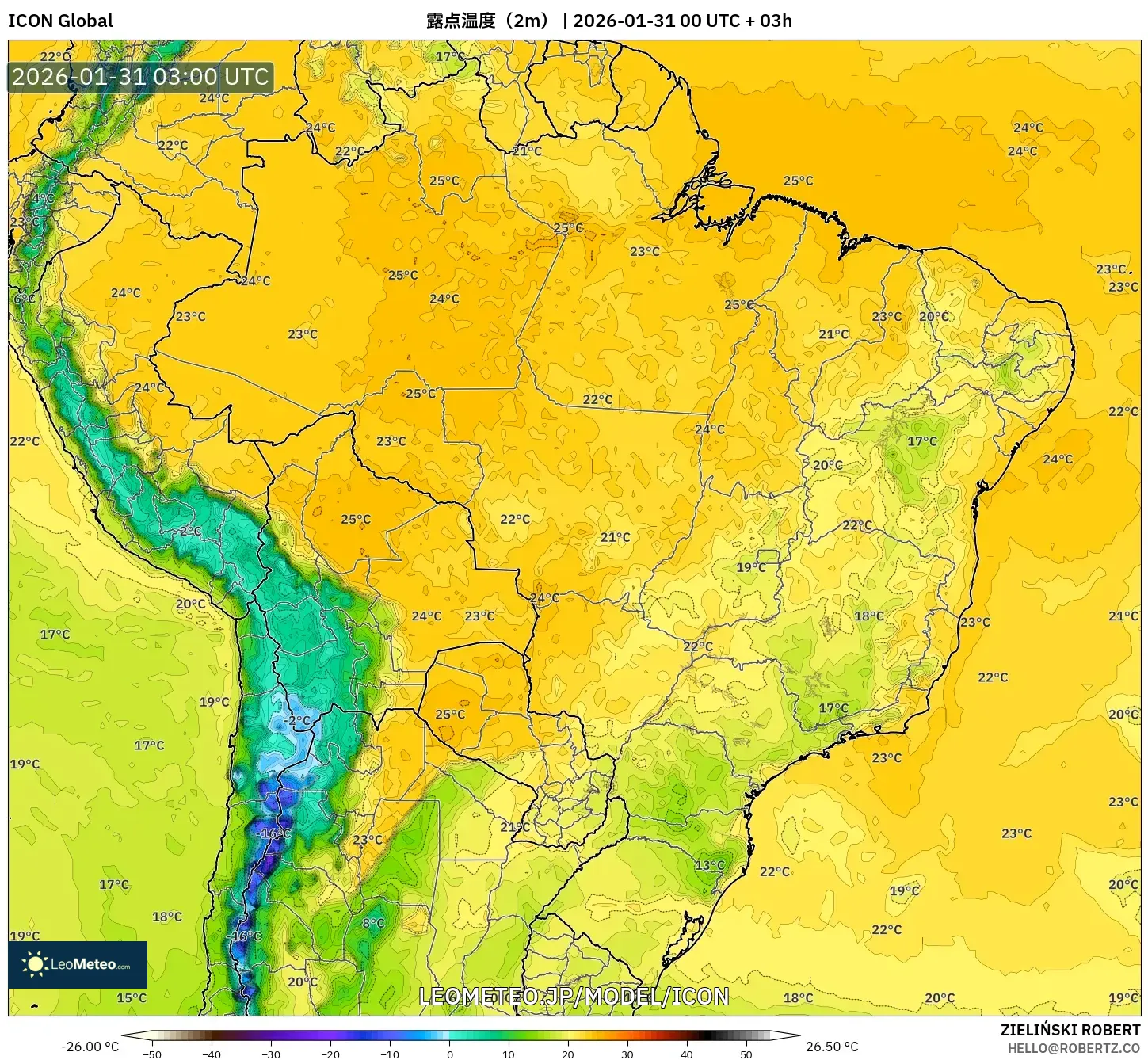 ICON model - ブラジル, 露点温度（2m）