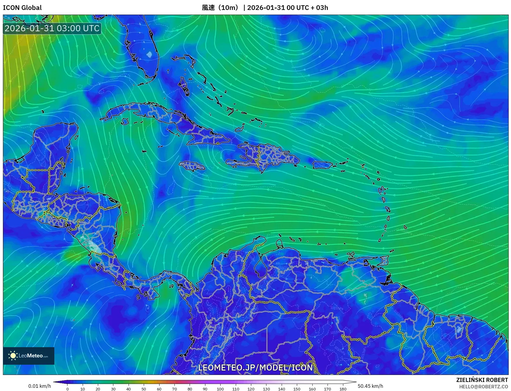 ICON model - カリブ海, 風速（10m）