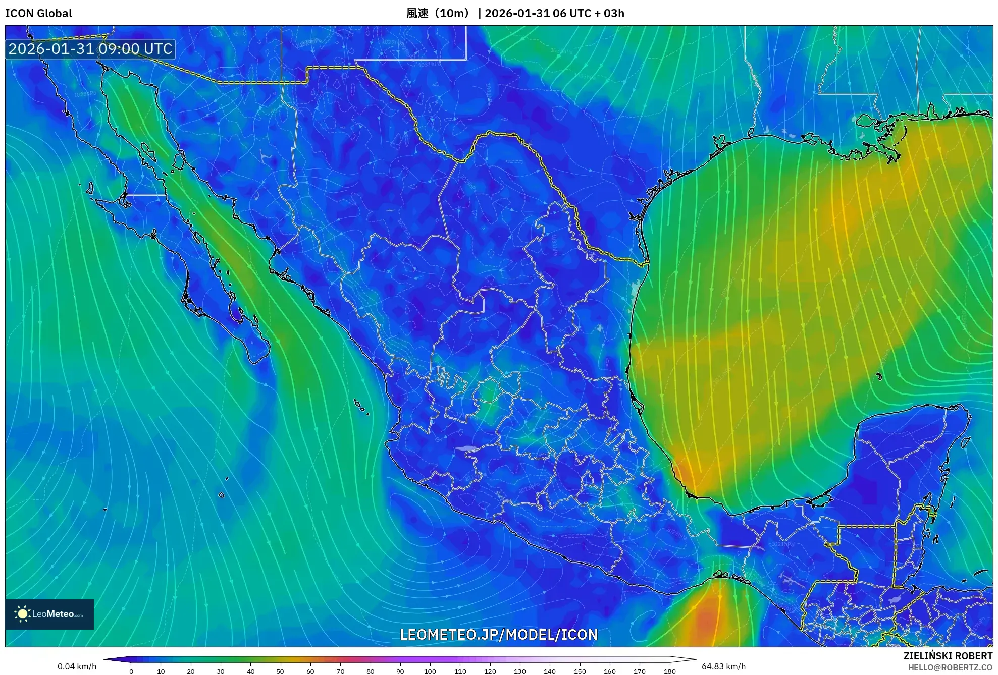 ICON model - メキシコ, 風速（10m）