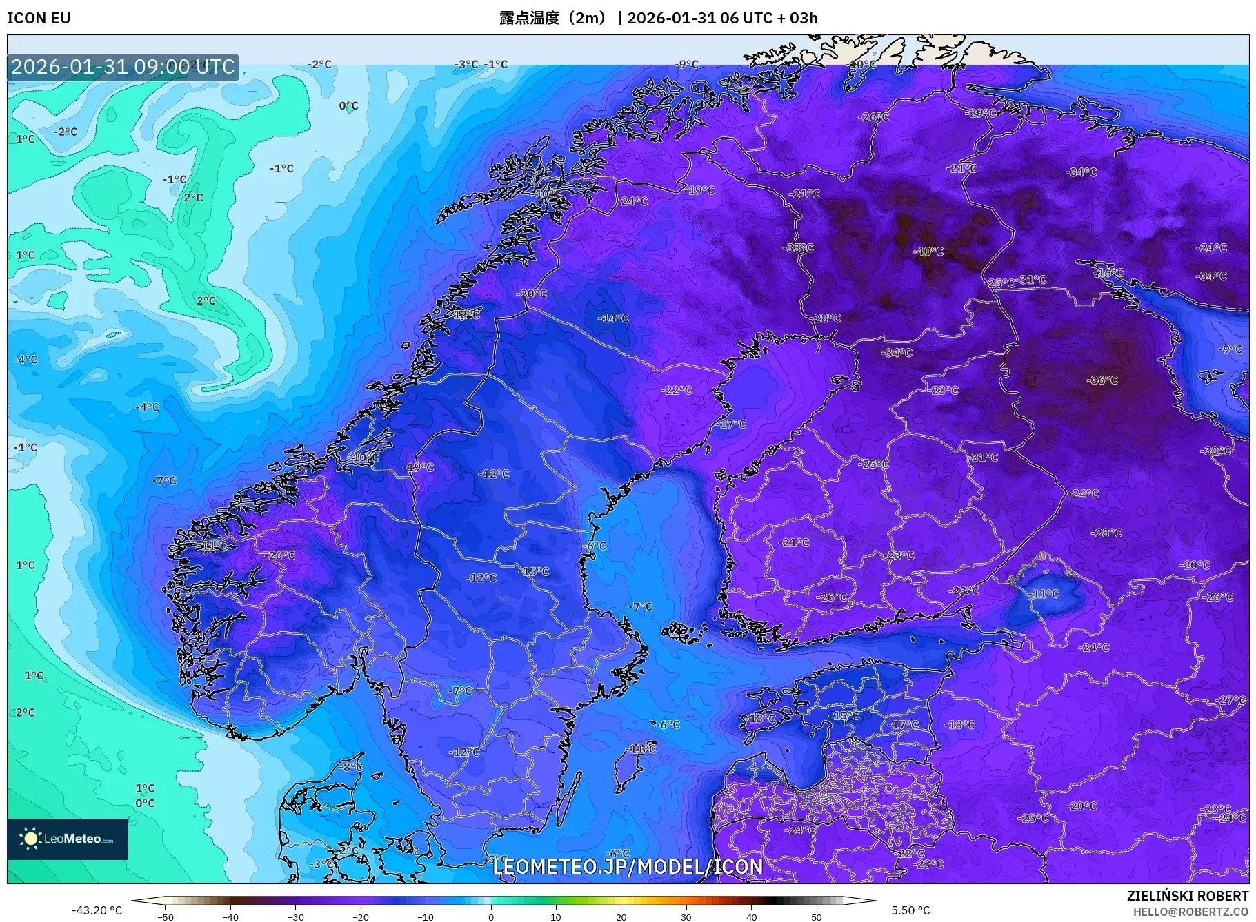 ICON model - スカンジナビア, 露点温度（2m）