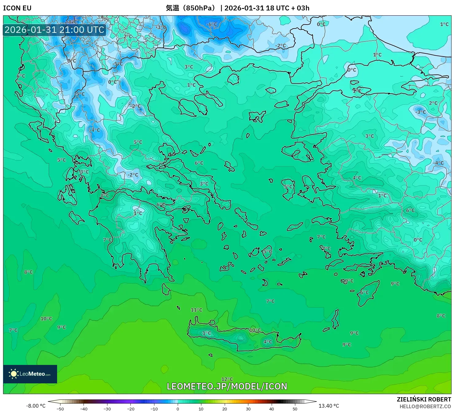 ICON model - ギリシャ, 気温（850hPa）