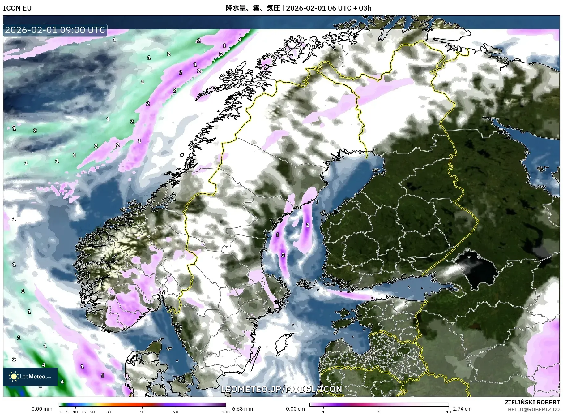 ICON model - スカンジナビア, 降水量、雲、気圧
