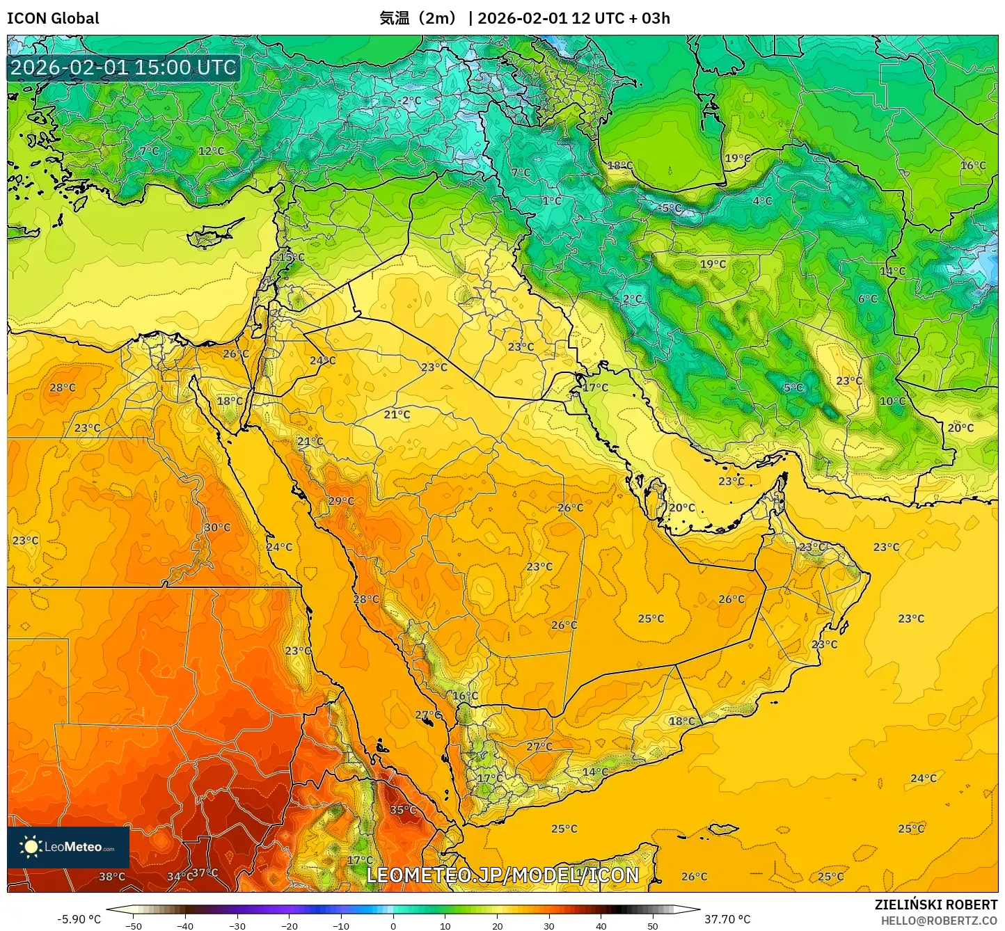 ICON model - 中東, 気温（2m）