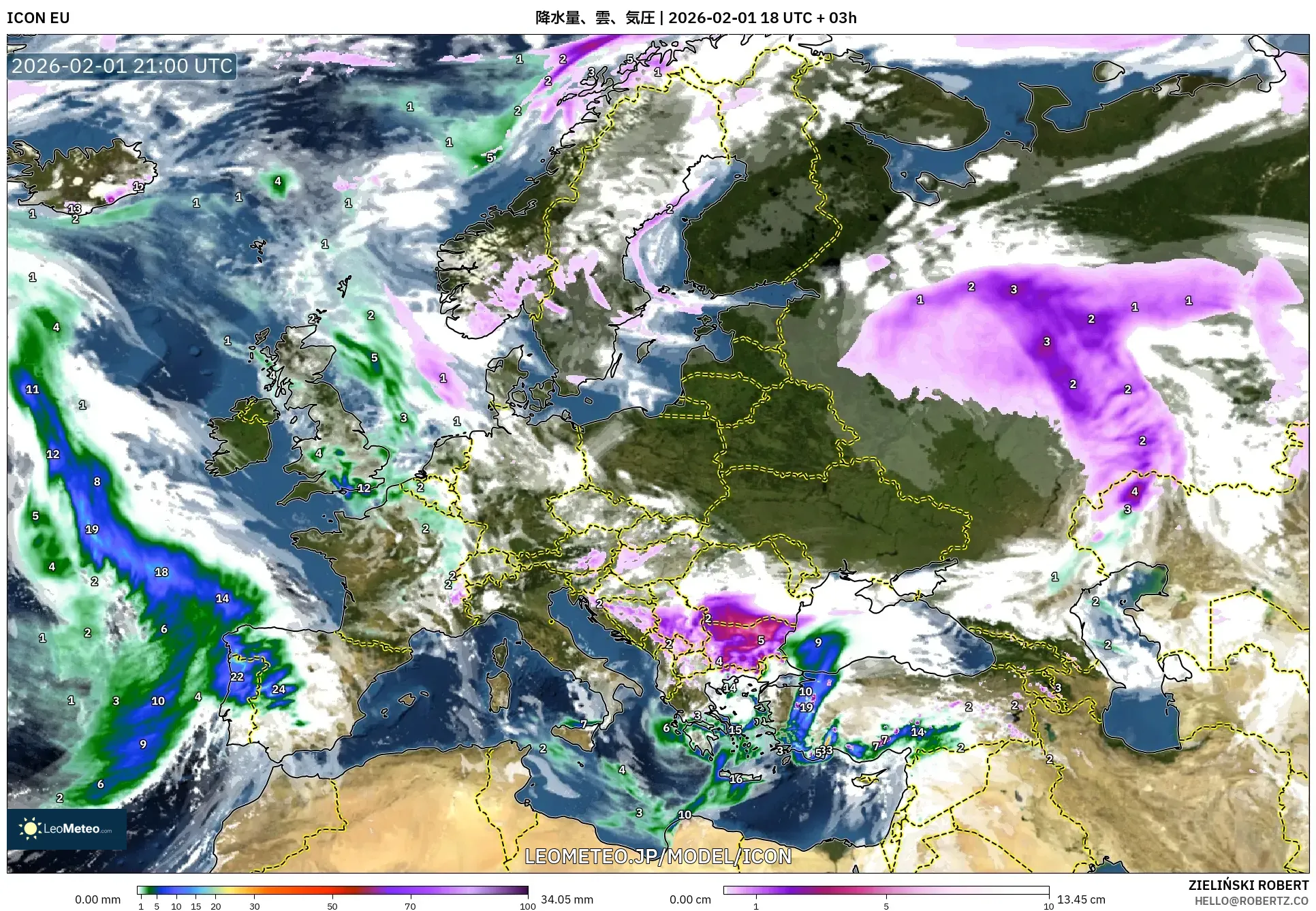 ICON model - ヨーロッパ, 降水量、雲、気圧