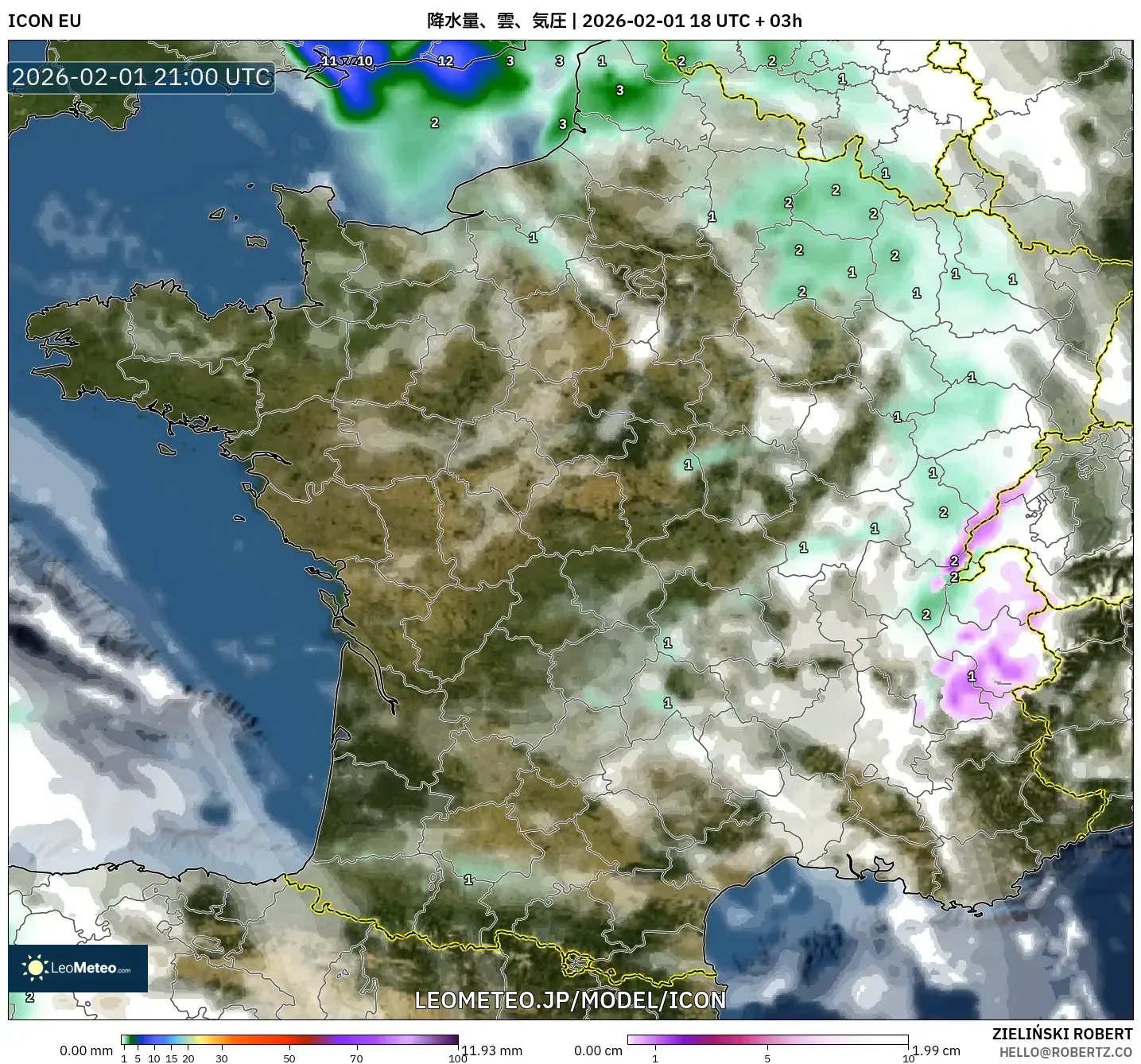 ICON model - フランス, 降水量、雲、気圧
