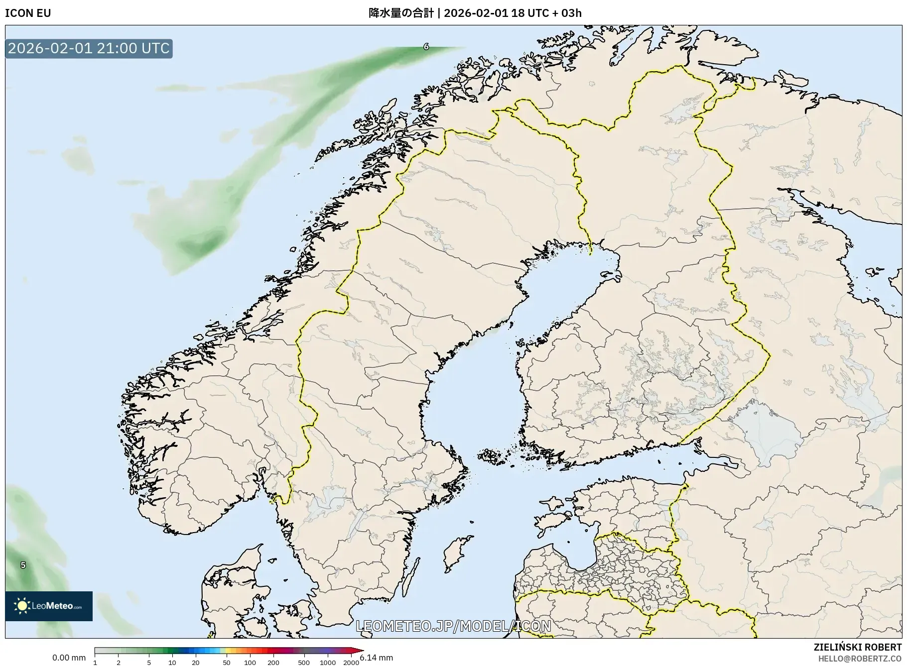 ICON model - スカンジナビア, 降水量の合計