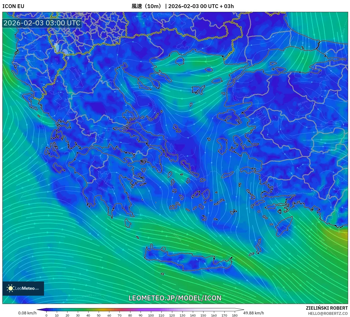 ICON model - ギリシャ, 風速（10m）