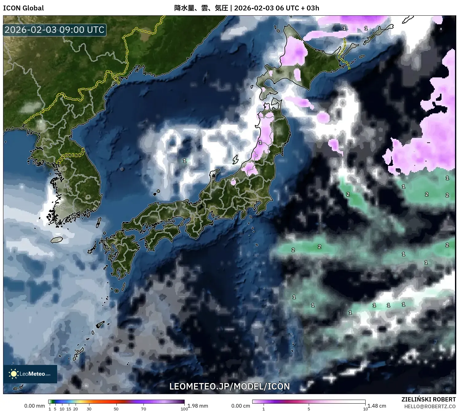 ICON model - 日本, 降水量、雲、気圧