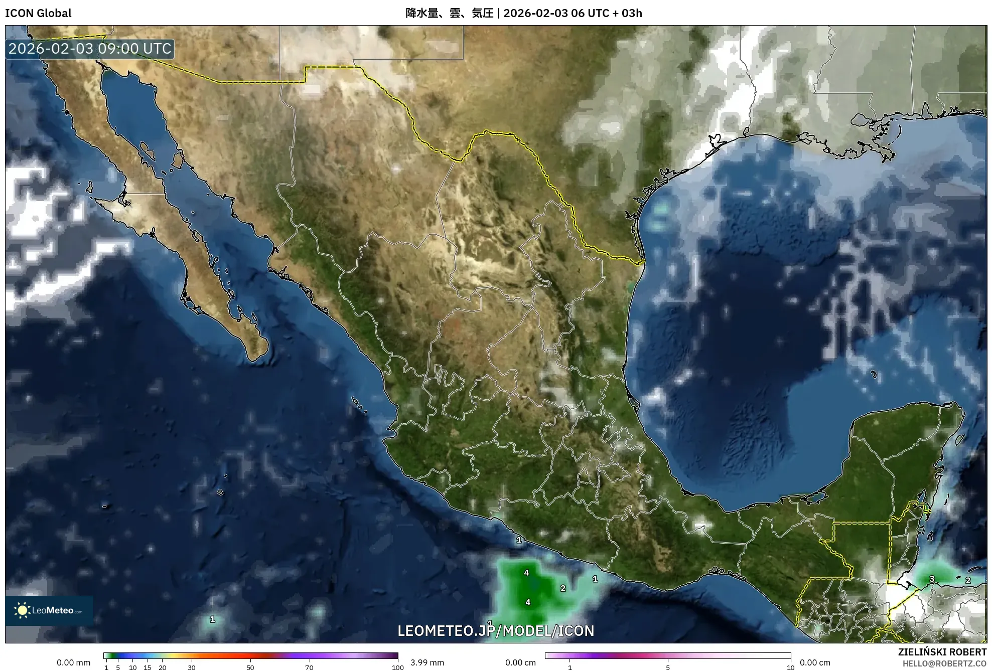 ICON model - メキシコ, 降水量、雲、気圧