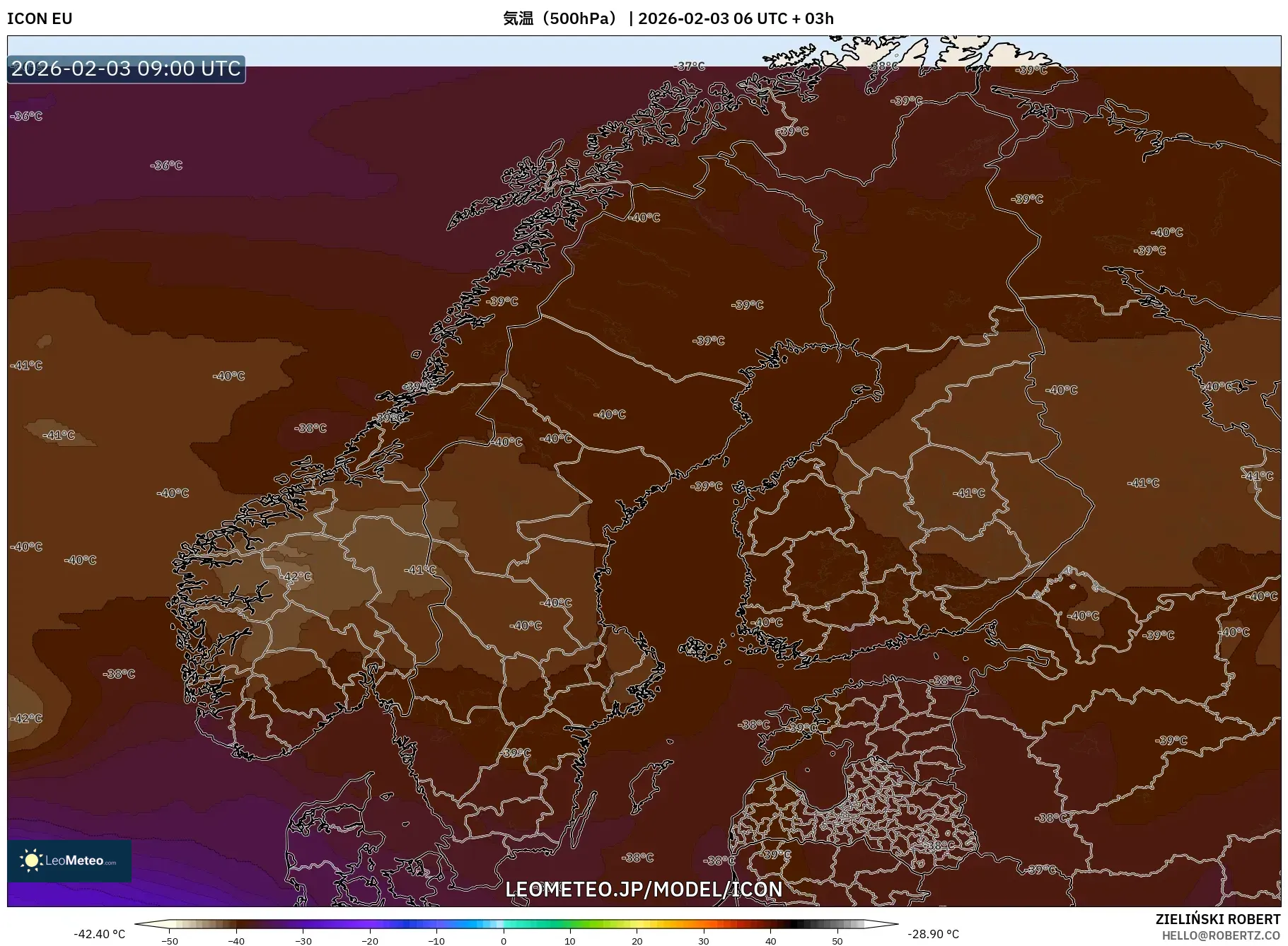 ICON model - スカンジナビア, 気温（500hPa）