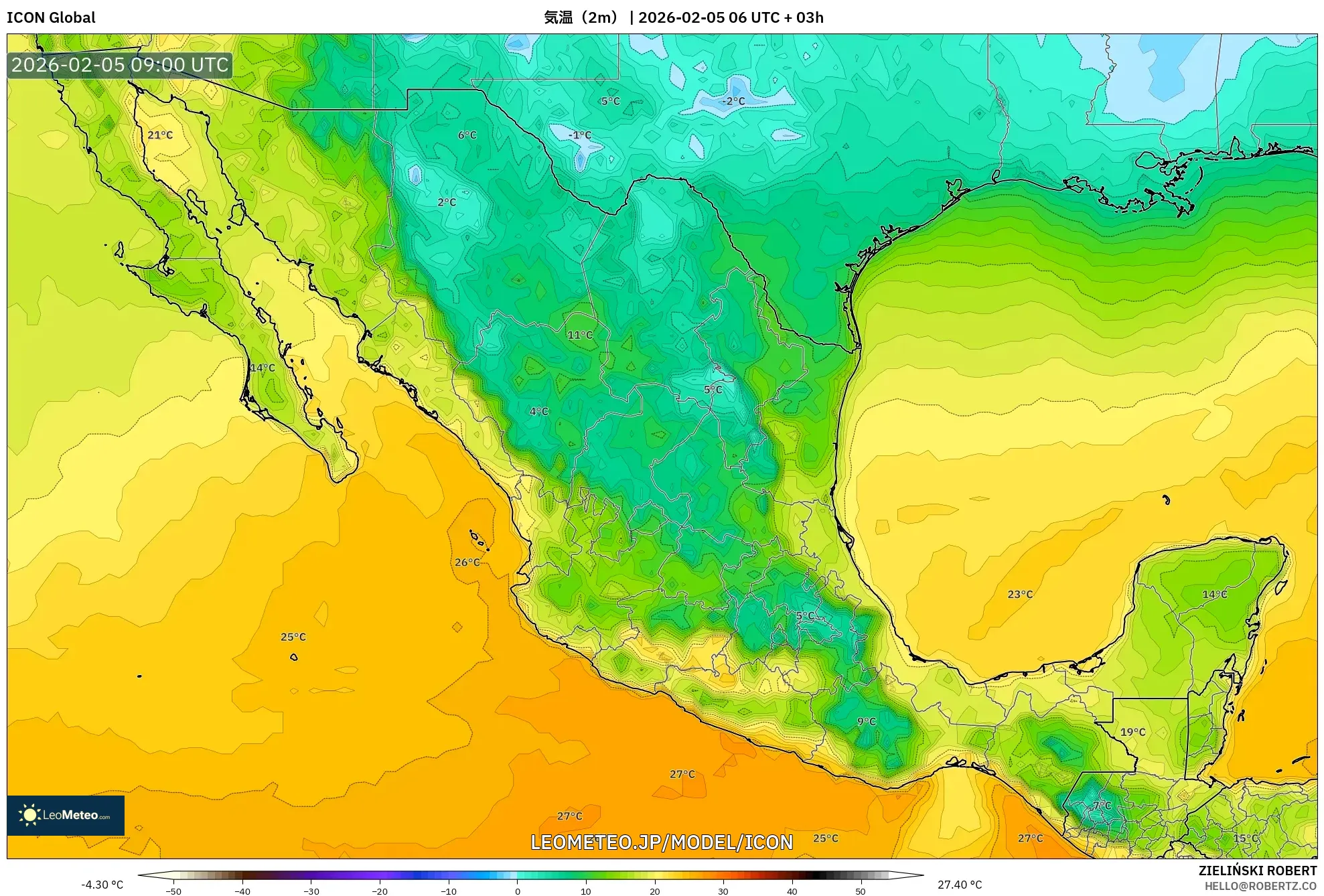 ICON model - メキシコ, 気温（2m）