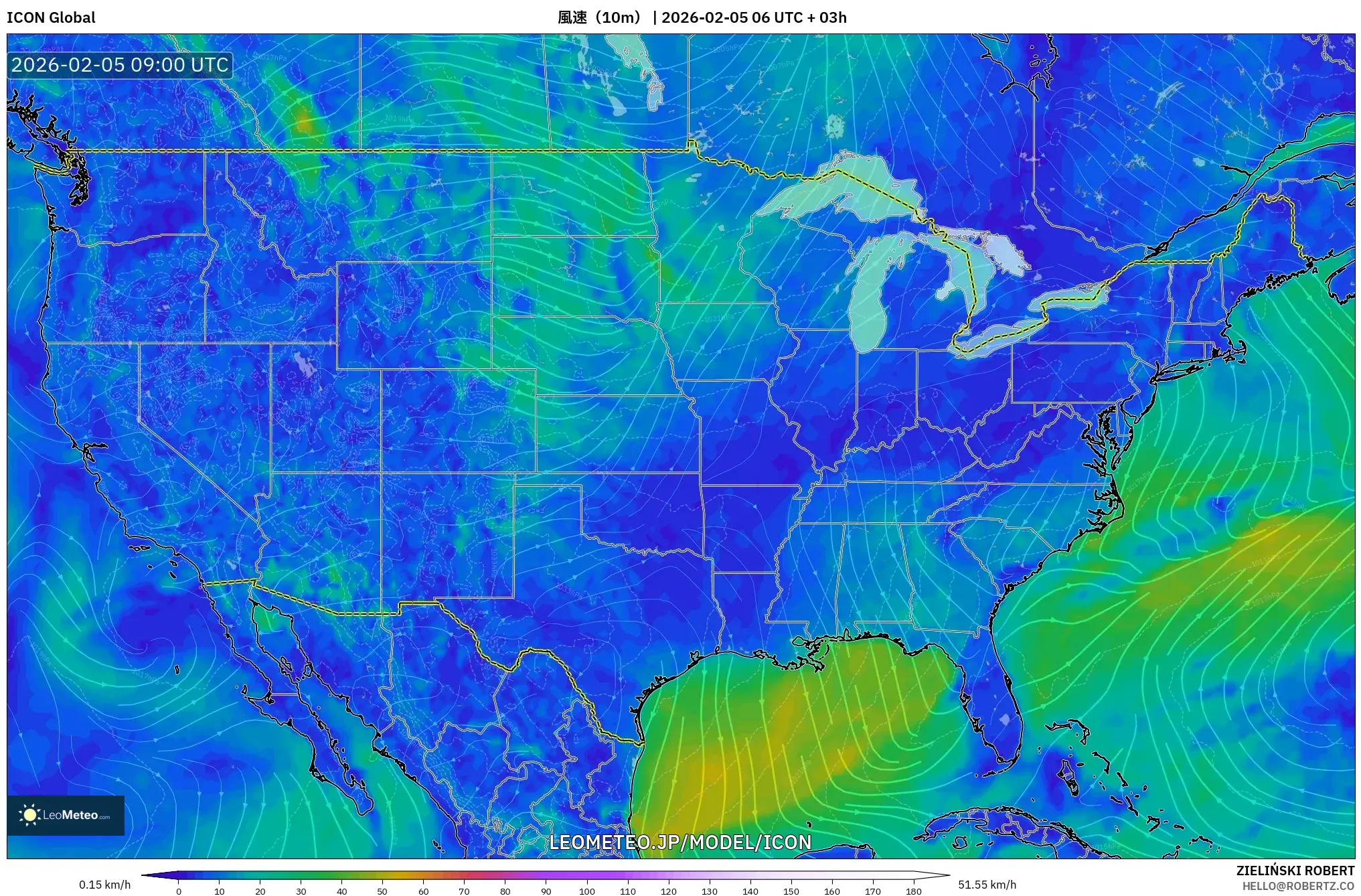 ICON model - アメリカ合衆国, 風速（10m）