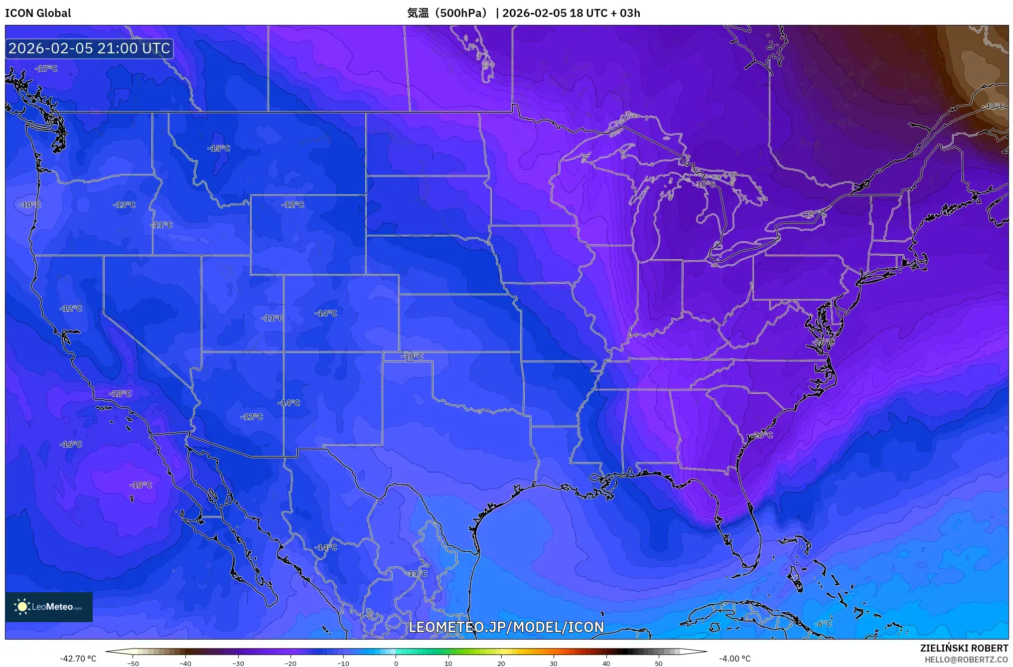 ICON model - アメリカ合衆国, 気温（500hPa）