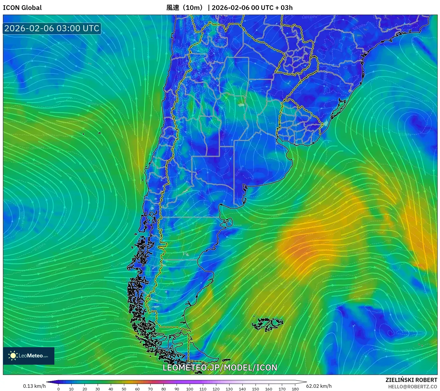 ICON model - アルゼンチン, 風速（10m）