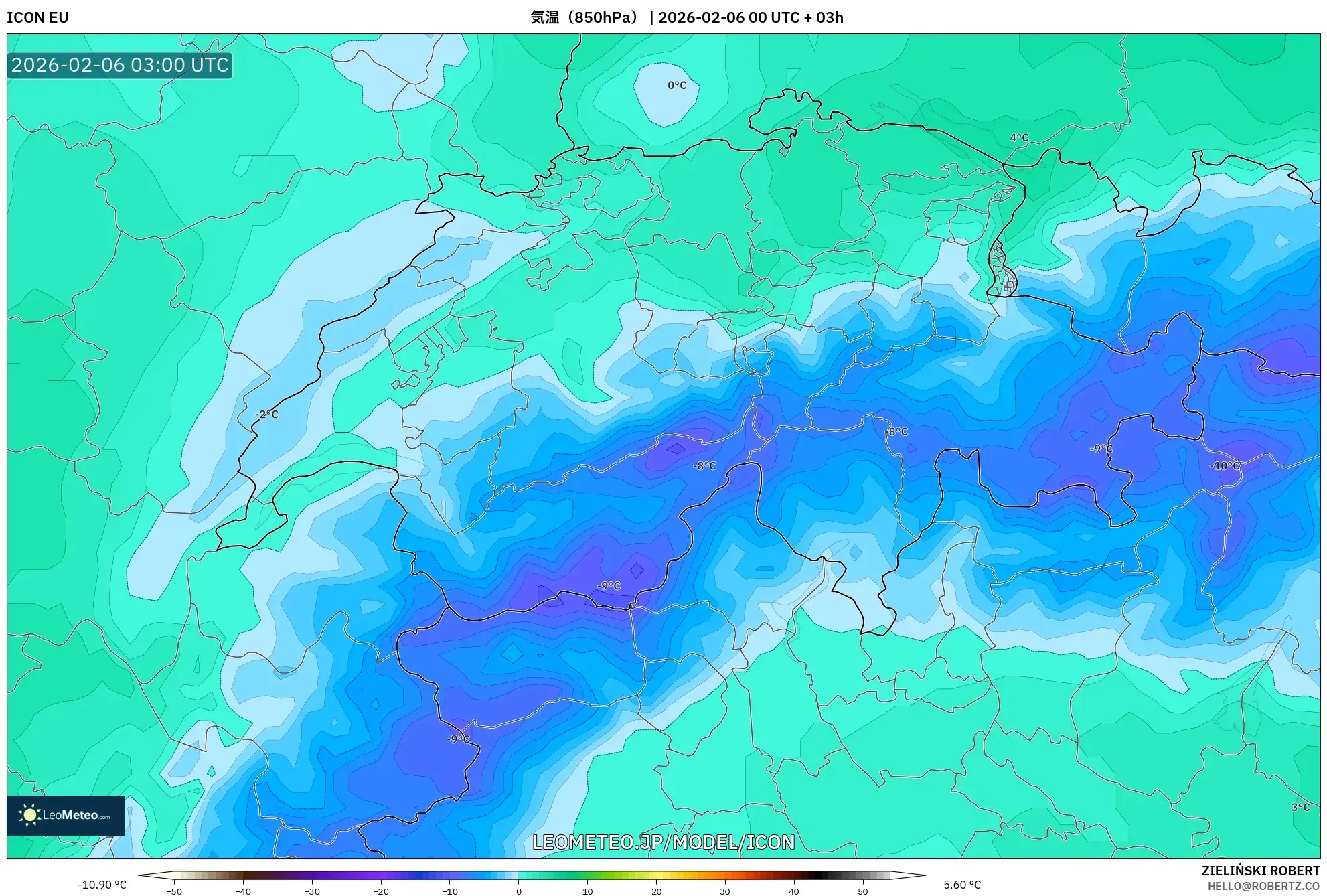 ICON model - スイス, 気温（850hPa）