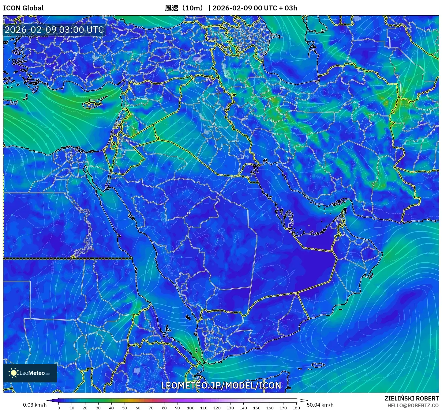 ICON model - 中東, 風速（10m）