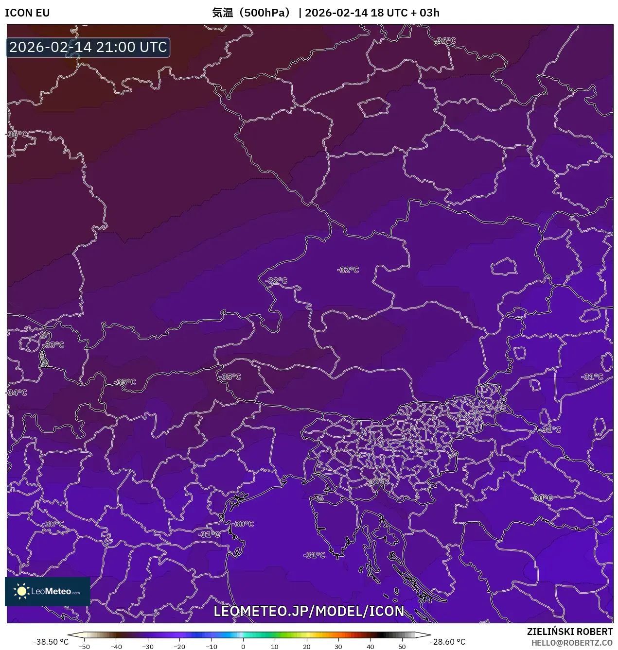 ICON model - オーストリア, 気温（500hPa）