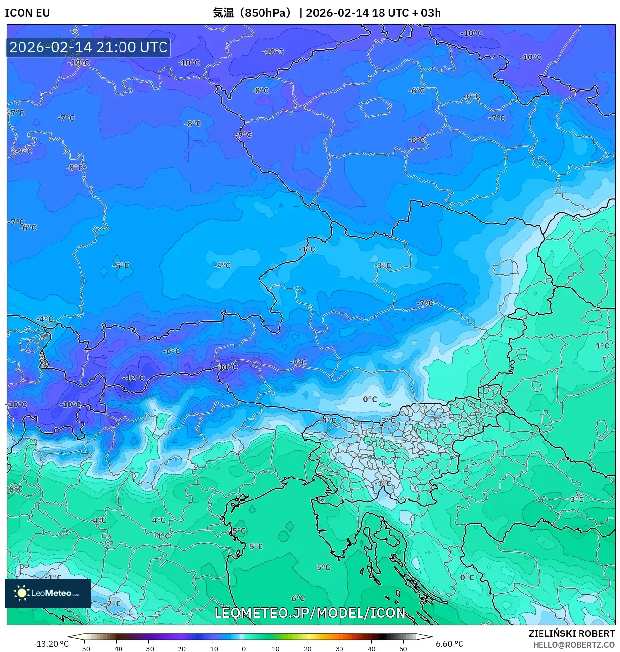 ICON model - オーストリア, 気温（850hPa）
