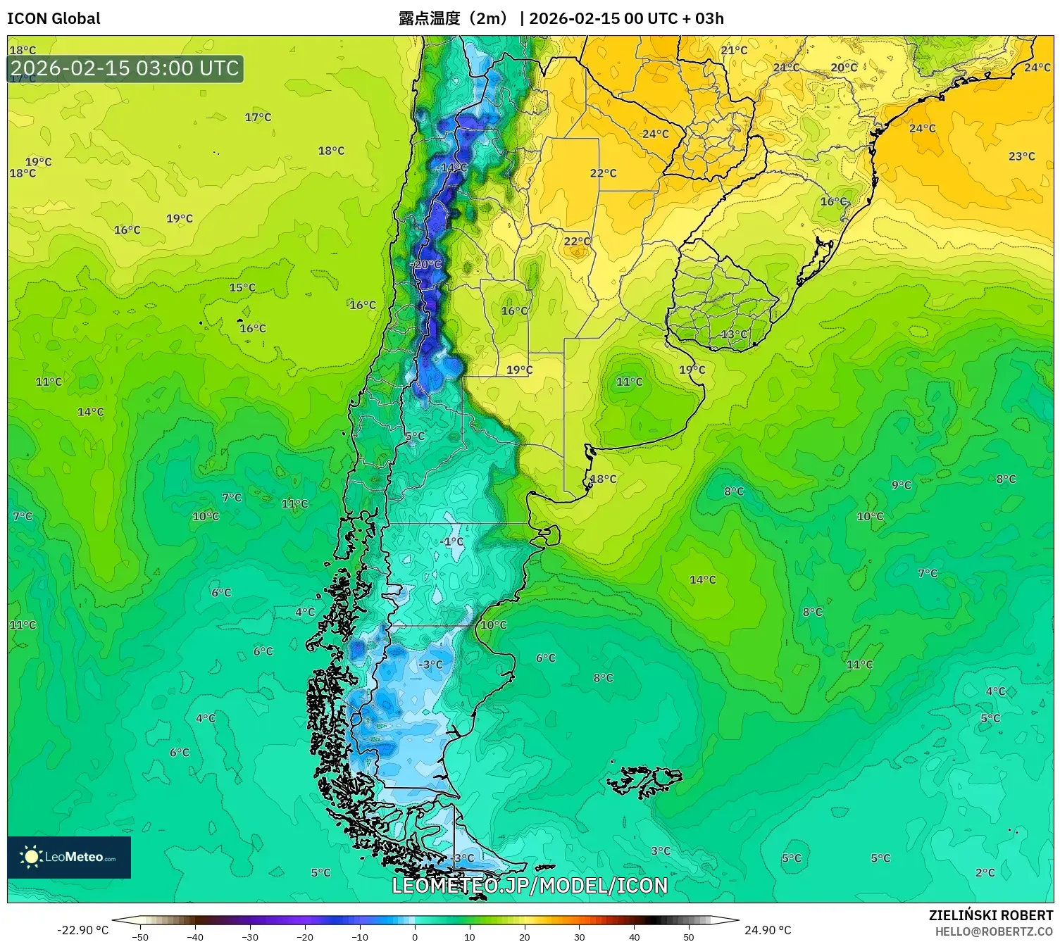 ICON model - アルゼンチン, 露点温度（2m）