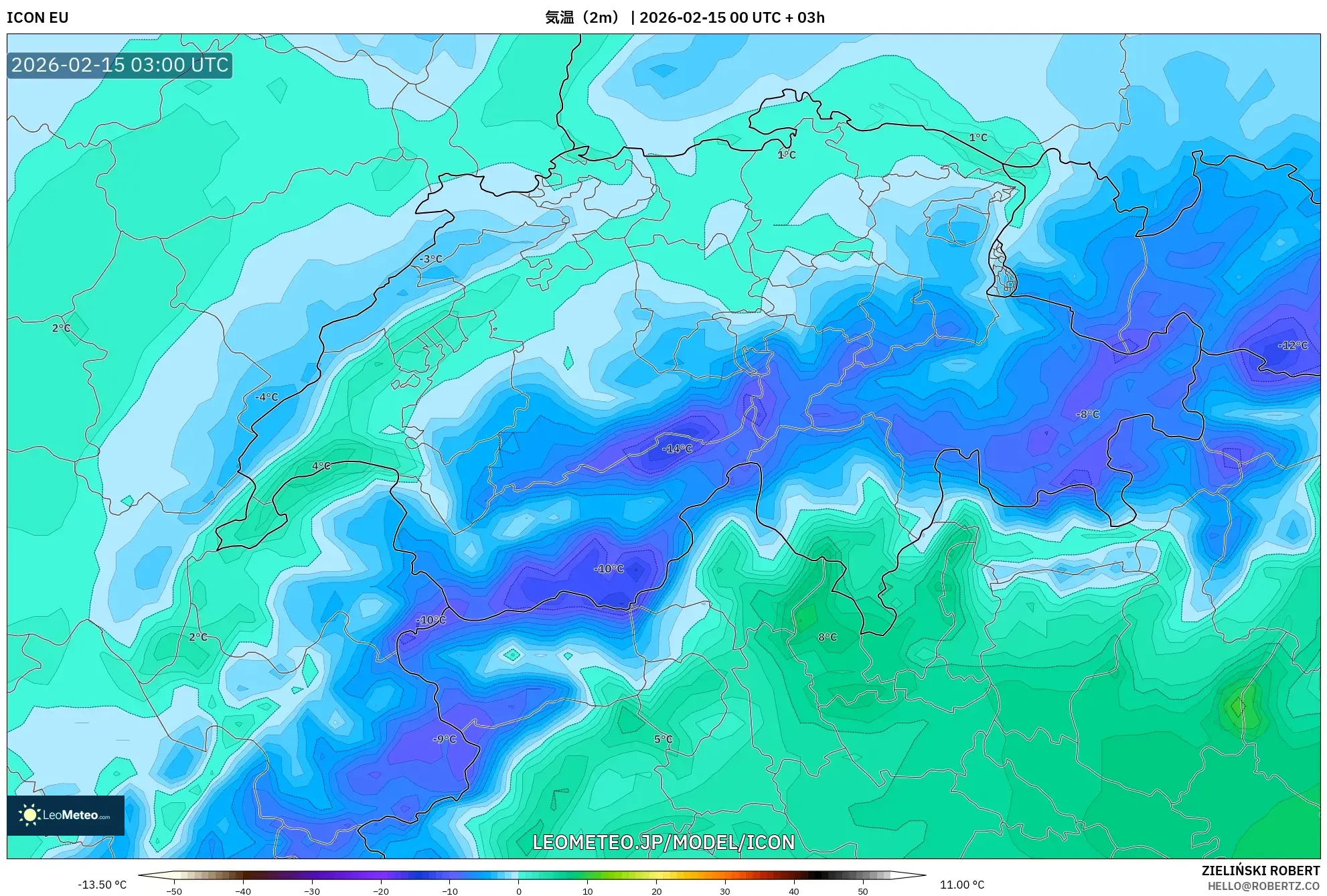 ICON model - スイス, 気温（2m）