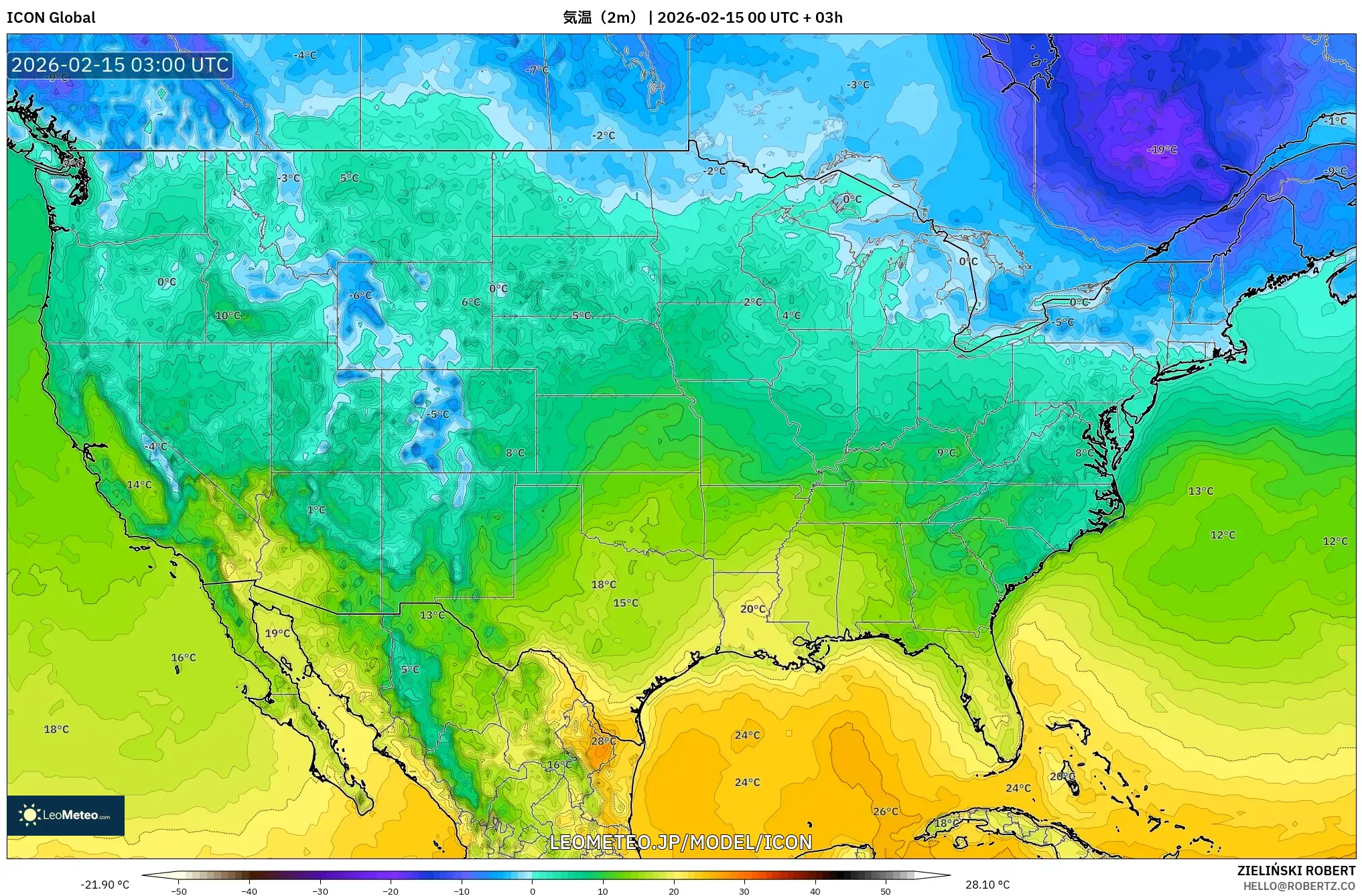 ICON model - アメリカ合衆国, 気温（2m）