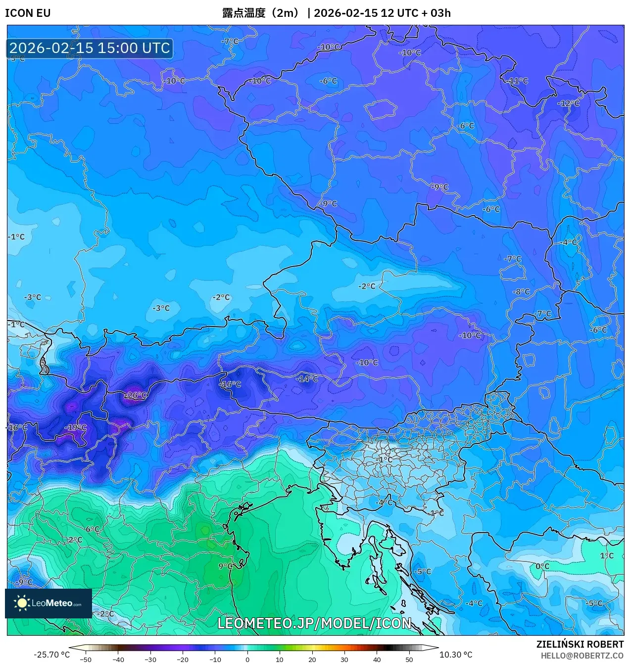 ICON model - オーストリア, 露点温度（2m）