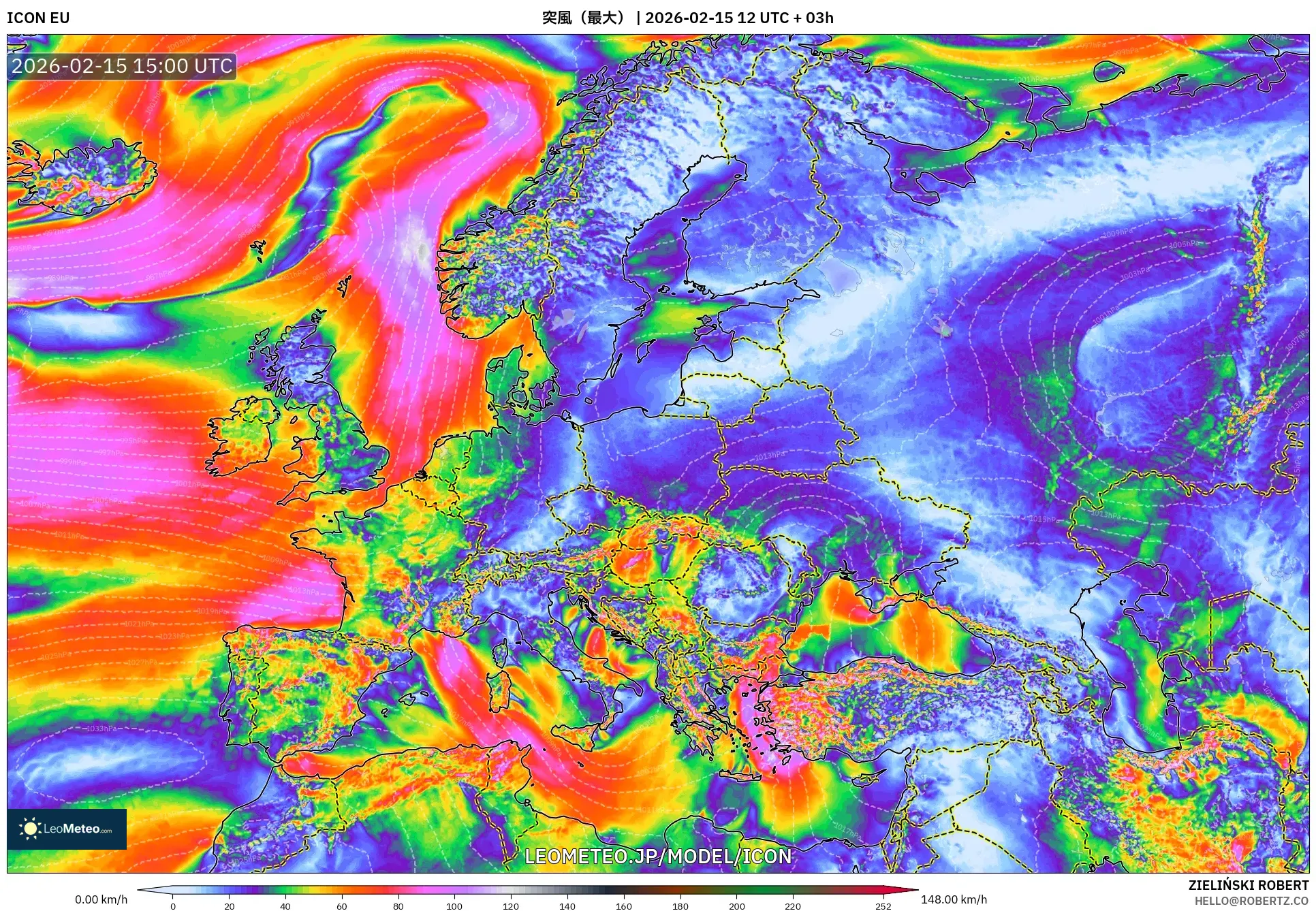 ICON model - ヨーロッパ, 突風（最大）