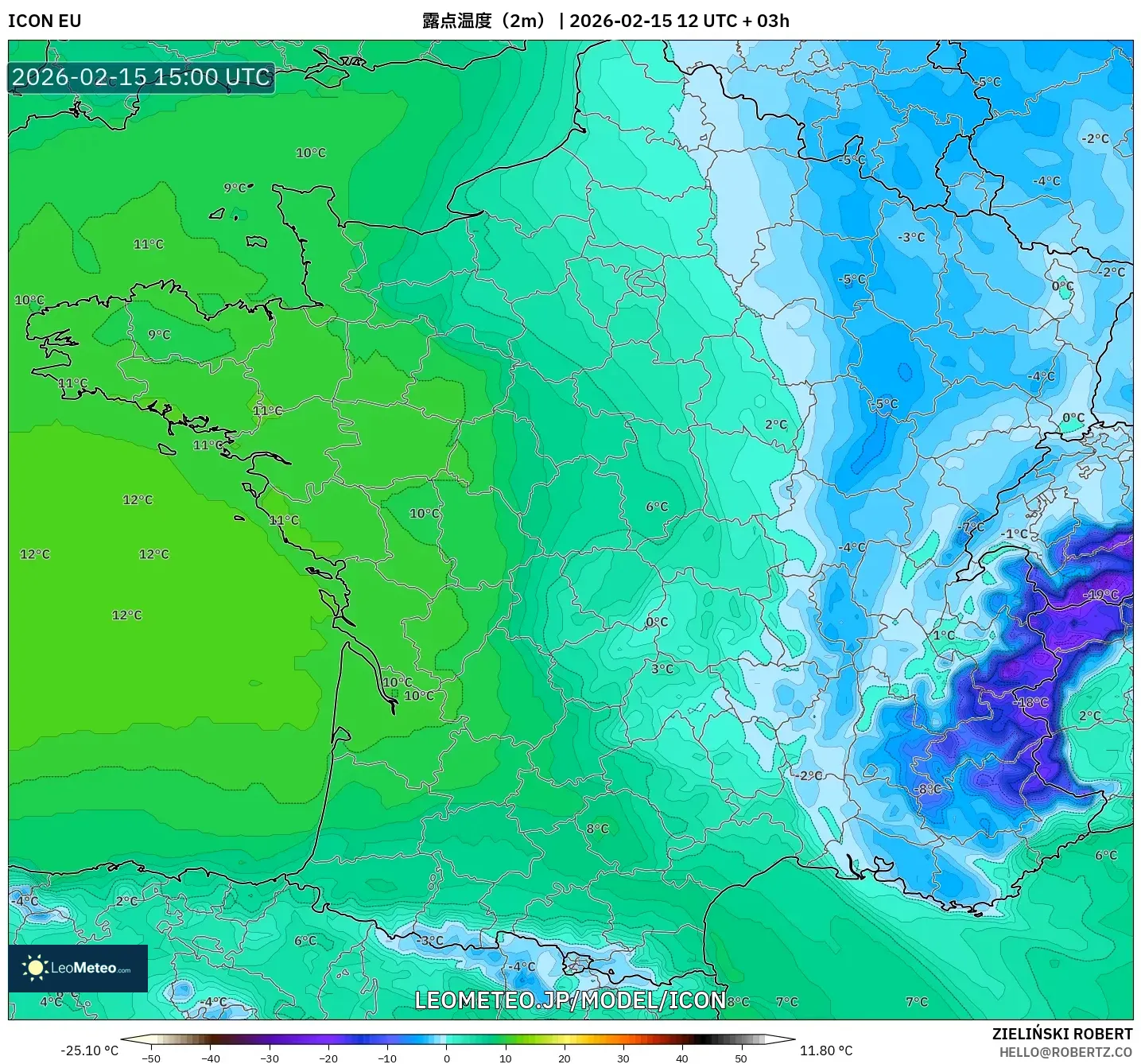 ICON model - フランス, 露点温度（2m）