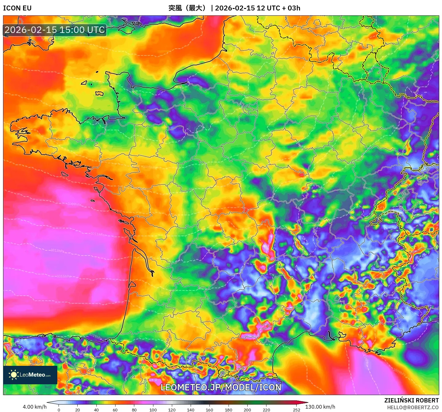ICON model - フランス, 突風（最大）