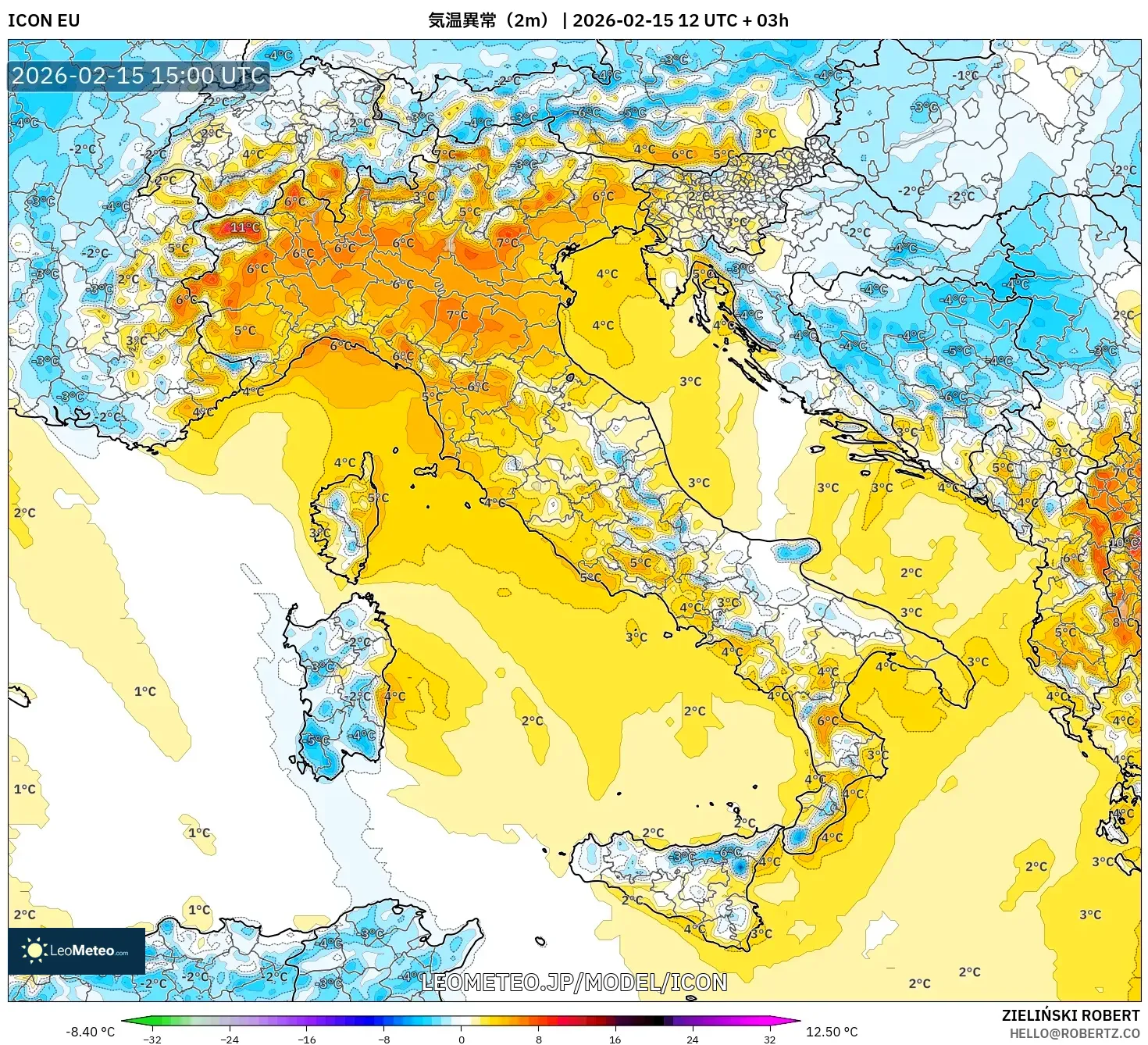 ICON model - イタリア, 気温異常（2m）