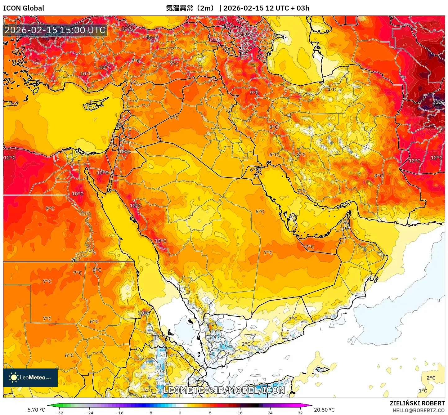 ICON model - 中東, 気温異常（2m）