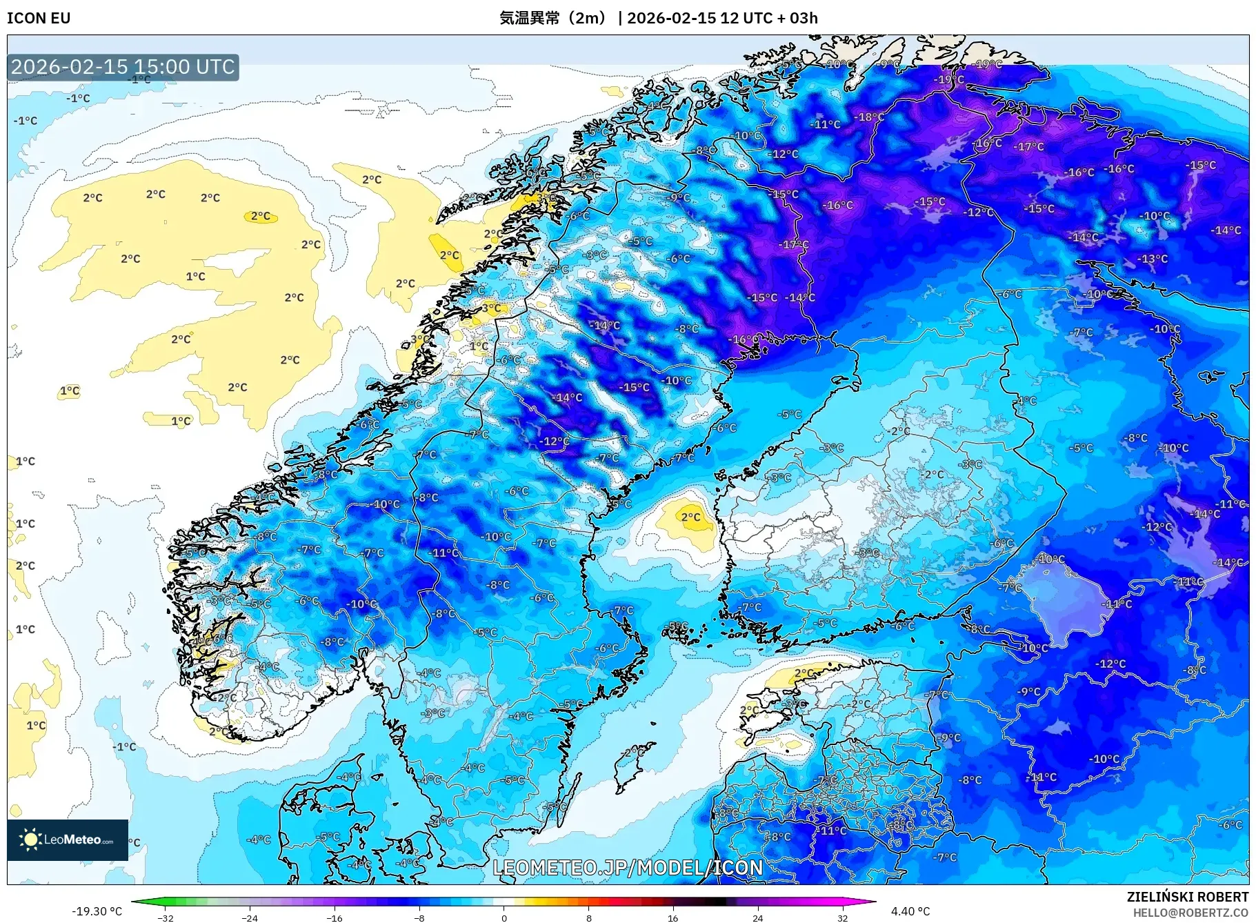 ICON model - スカンジナビア, 気温異常（2m）