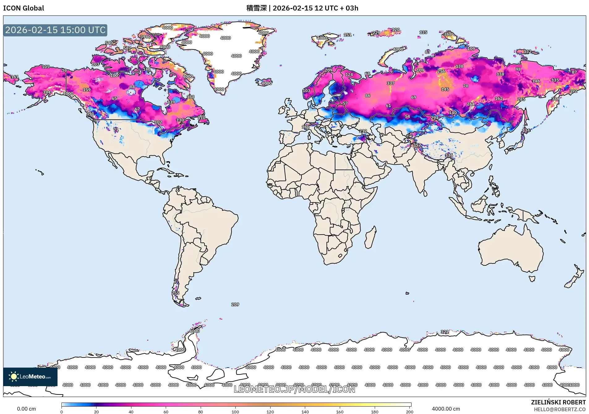ICON model - 世界, 積雪深