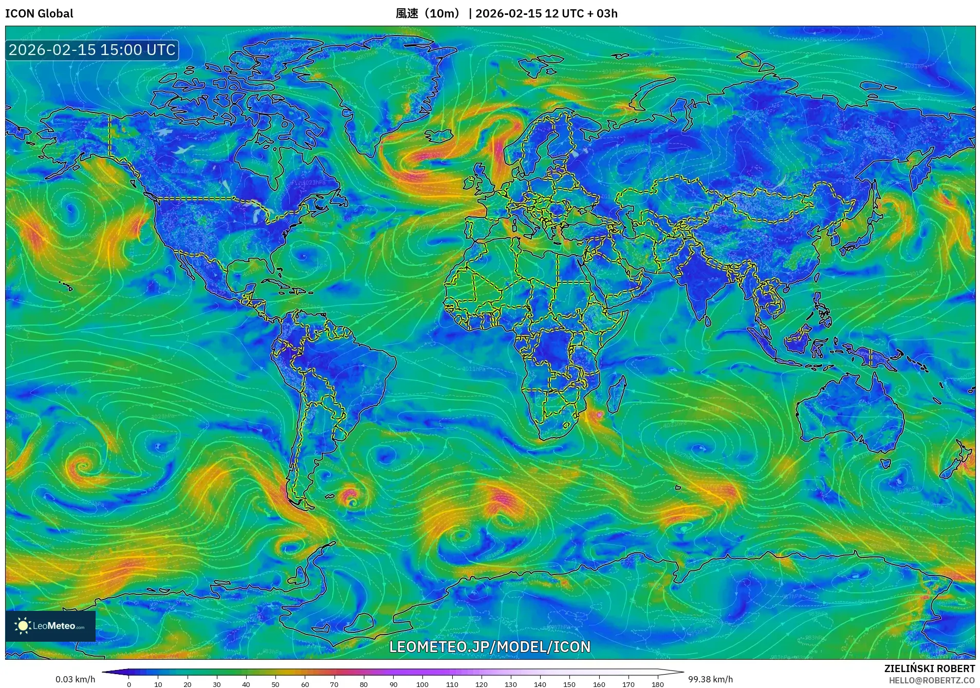 ICON model - 世界, 風速（10m）