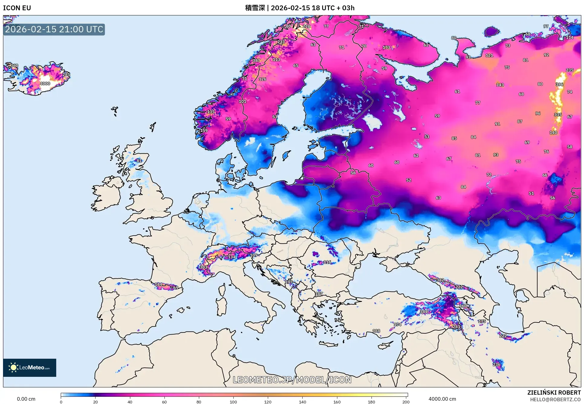 ICON model - ヨーロッパ, 積雪深