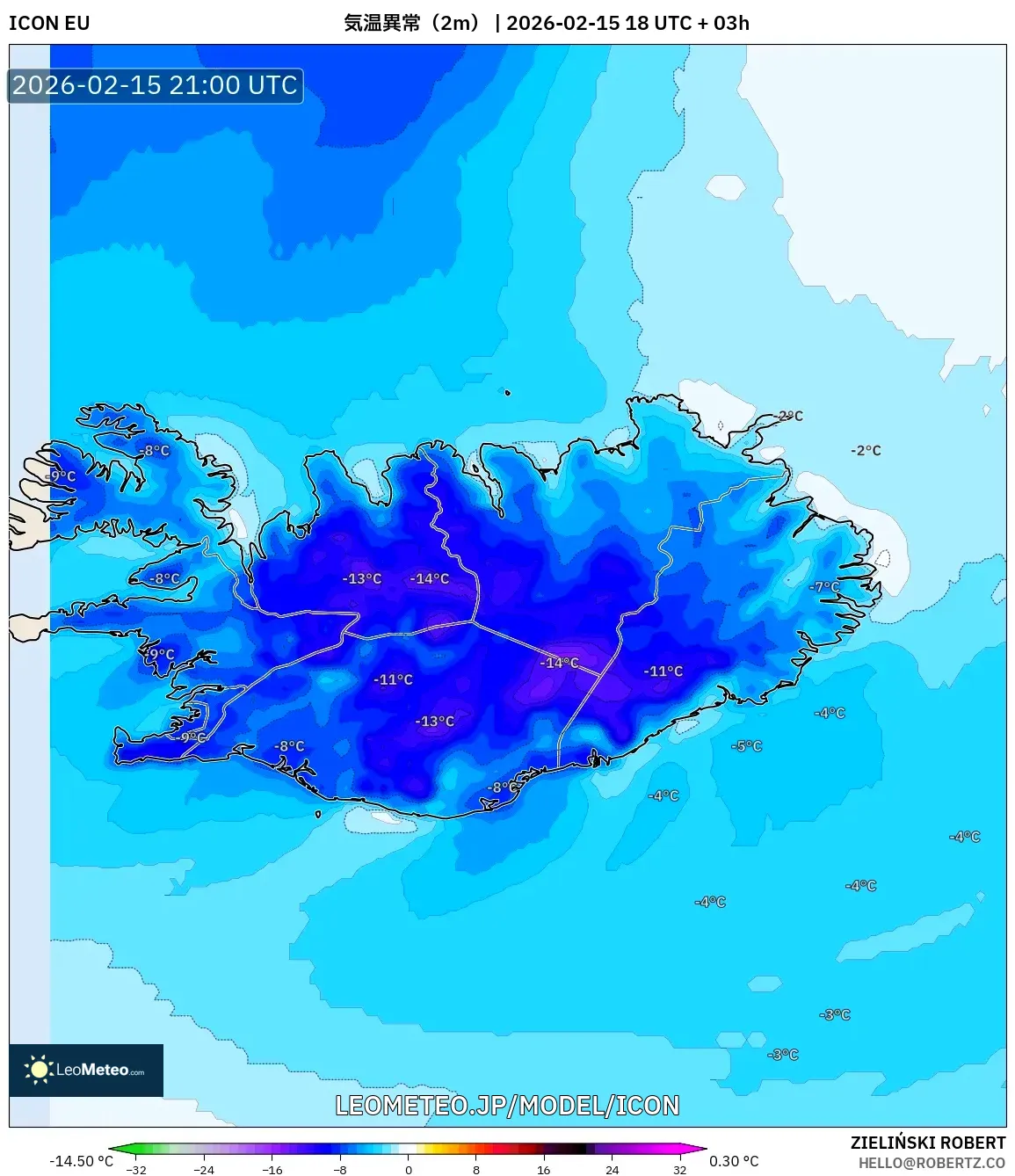 ICON model - アイスランド, 気温異常（2m）